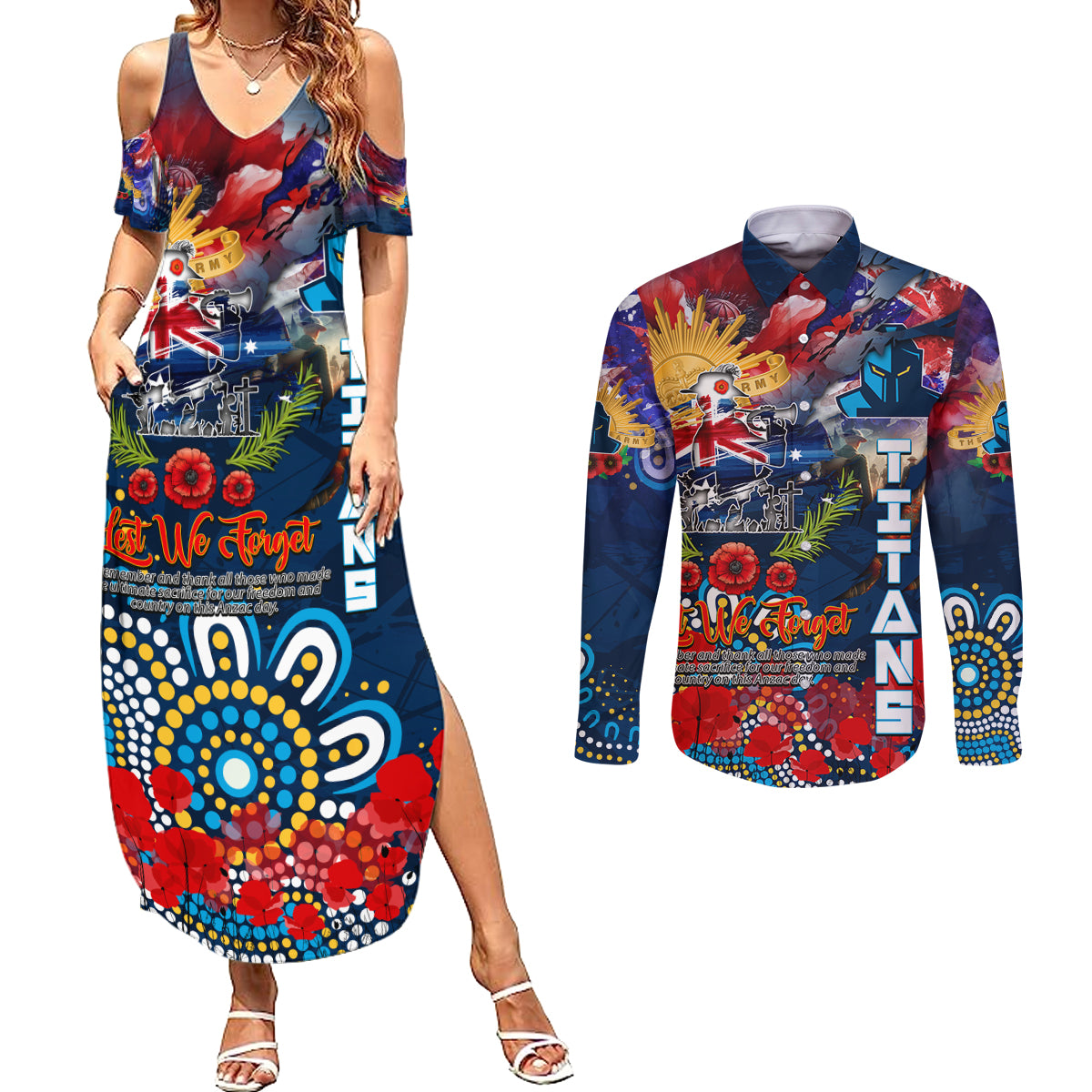 Personalised Australia Rugby Titans ANZAC Couples Matching Summer Maxi Dress and Long Sleeve Button Shirt Gold Coast Scratch Style