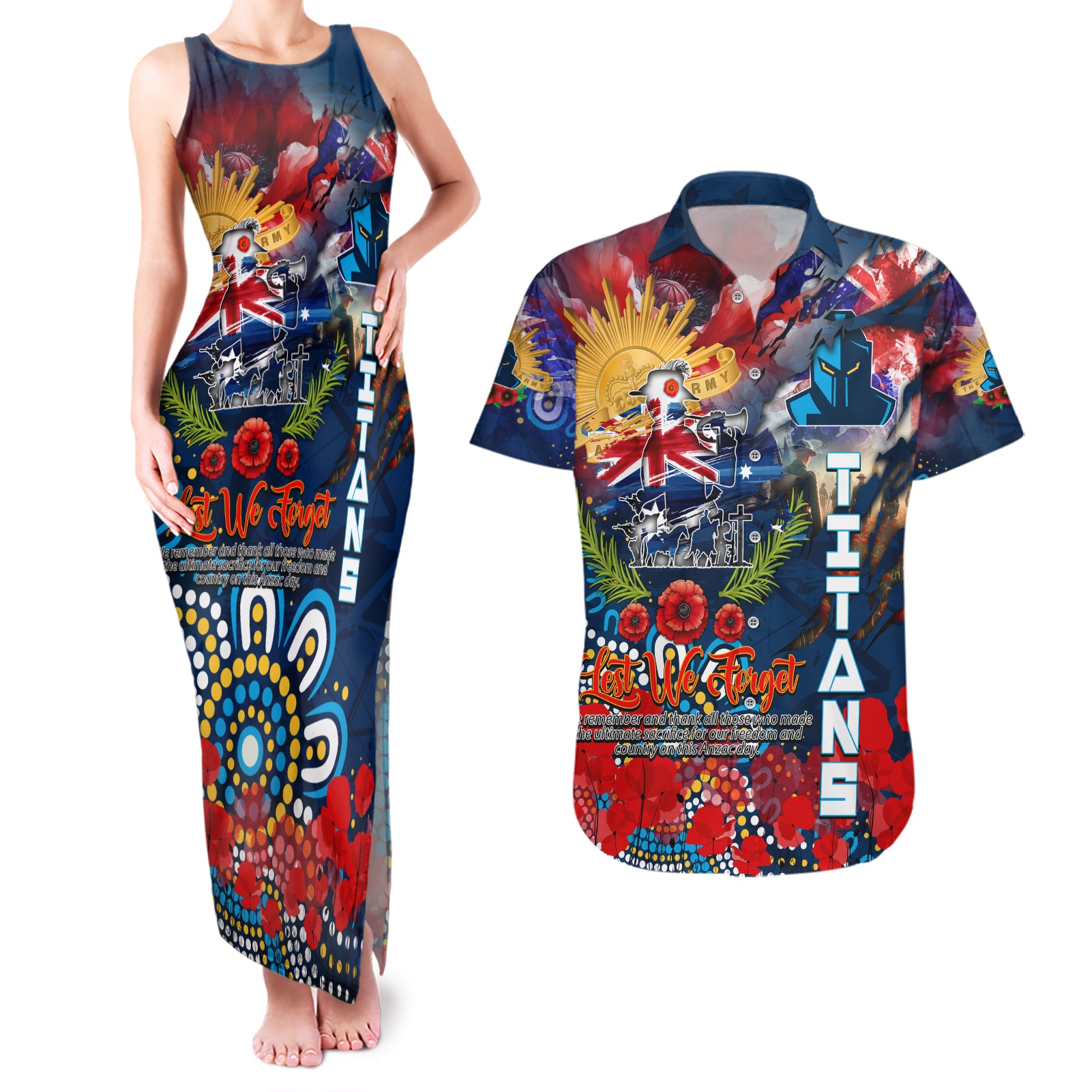 Personalised Australia Rugby Titans ANZAC Couples Matching Tank Maxi Dress and Hawaiian Shirt Gold Coast Scratch Style