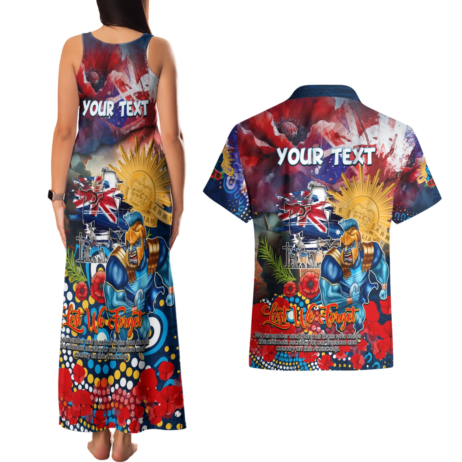 Personalised Australia Rugby Titans ANZAC Couples Matching Tank Maxi Dress and Hawaiian Shirt Gold Coast Scratch Style