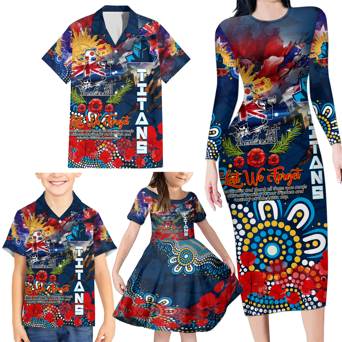 Personalised Australia Rugby Titans ANZAC Family Matching Long Sleeve Bodycon Dress and Hawaiian Shirt Gold Coast Scratch Style