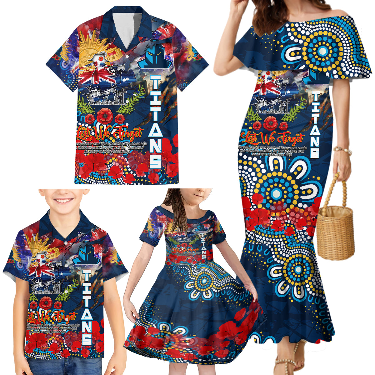 Personalised Australia Rugby Titans ANZAC Family Matching Mermaid Dress and Hawaiian Shirt Gold Coast Scratch Style
