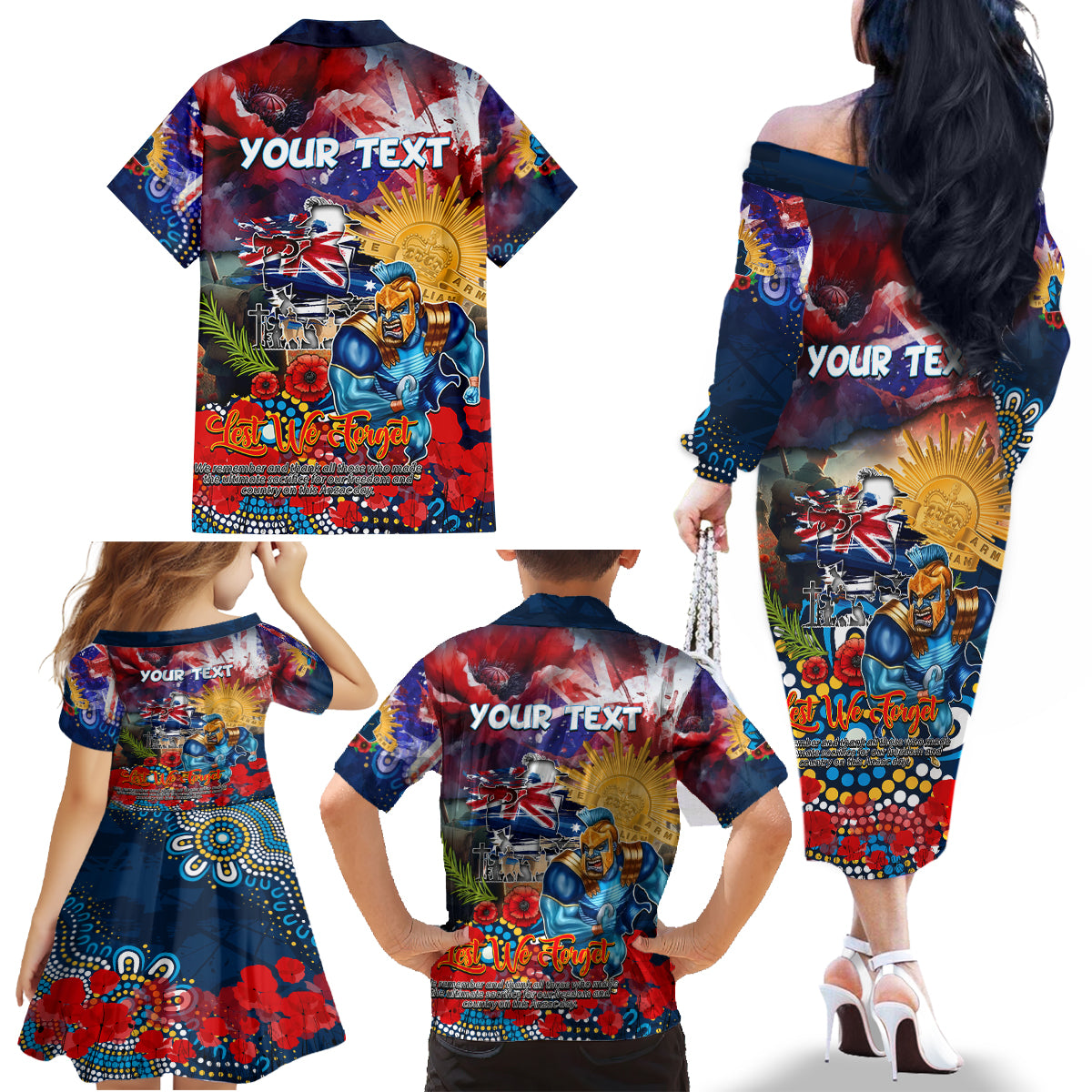 Personalised Australia Rugby Titans ANZAC Family Matching Off The Shoulder Long Sleeve Dress and Hawaiian Shirt Gold Coast Scratch Style