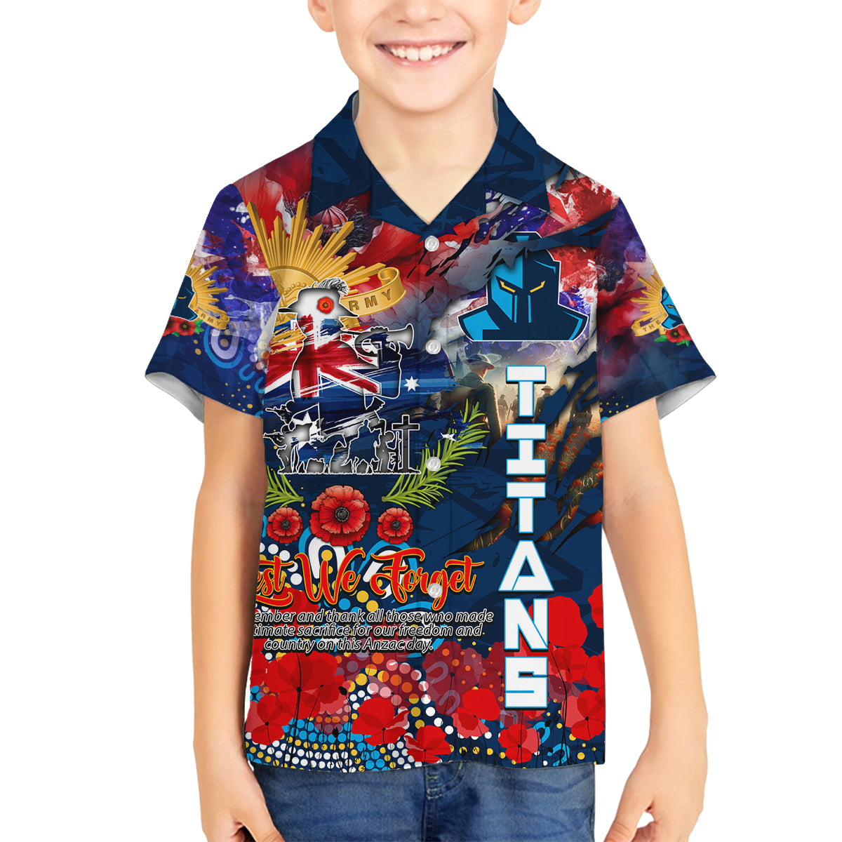 Personalised Australia Rugby Titans ANZAC Family Matching Off The Shoulder Long Sleeve Dress and Hawaiian Shirt Gold Coast Scratch Style