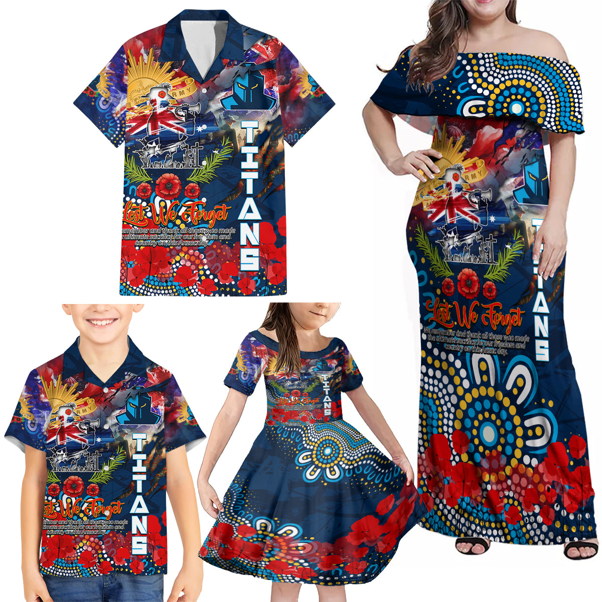 Personalised Australia Rugby Titans ANZAC Family Matching Off Shoulder Maxi Dress and Hawaiian Shirt Gold Coast Scratch Style