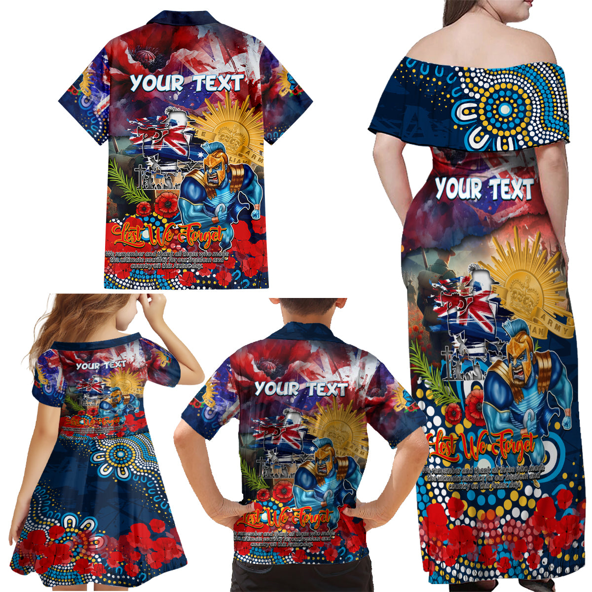 Personalised Australia Rugby Titans ANZAC Family Matching Off Shoulder Maxi Dress and Hawaiian Shirt Gold Coast Scratch Style