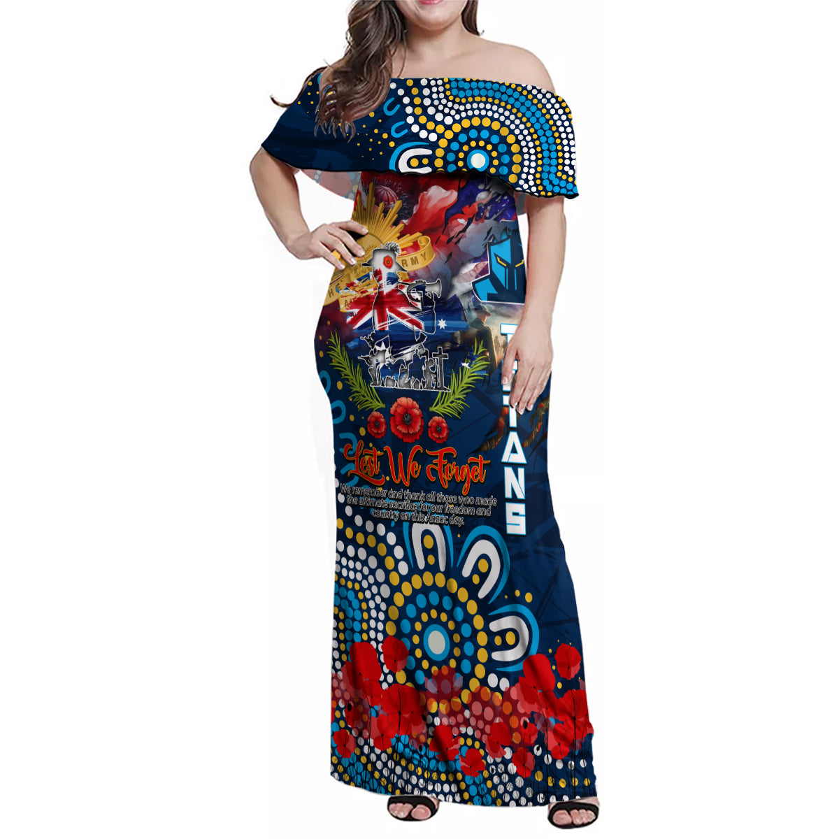 Personalised Australia Rugby Titans ANZAC Family Matching Off Shoulder Maxi Dress and Hawaiian Shirt Gold Coast Scratch Style