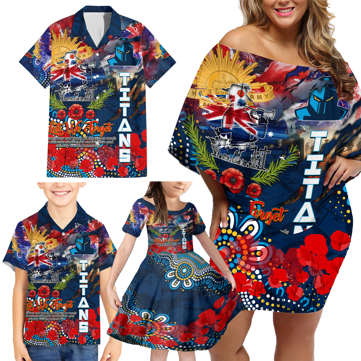 Personalised Australia Rugby Titans ANZAC Family Matching Off Shoulder Short Dress and Hawaiian Shirt Gold Coast Scratch Style