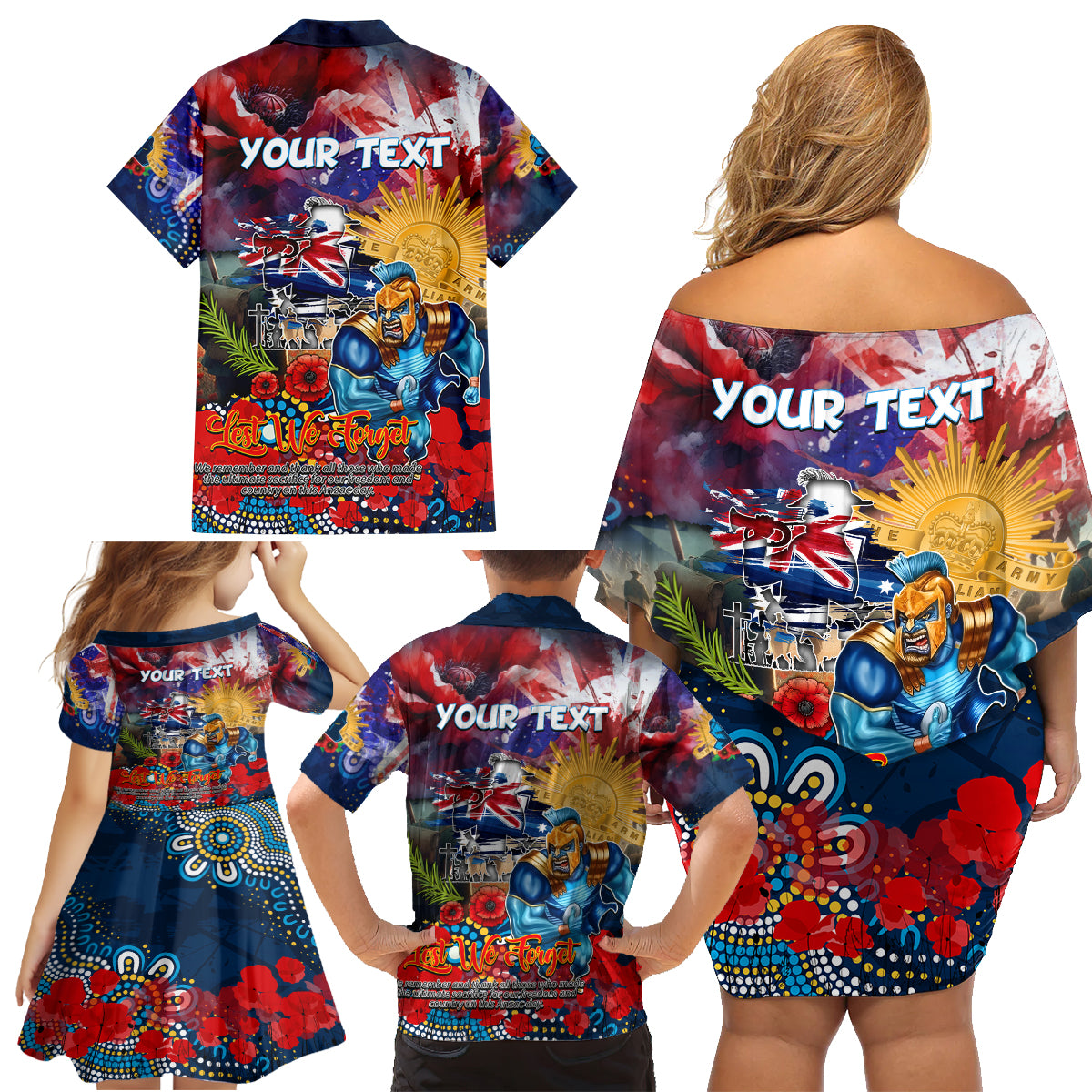 Personalised Australia Rugby Titans ANZAC Family Matching Off Shoulder Short Dress and Hawaiian Shirt Gold Coast Scratch Style