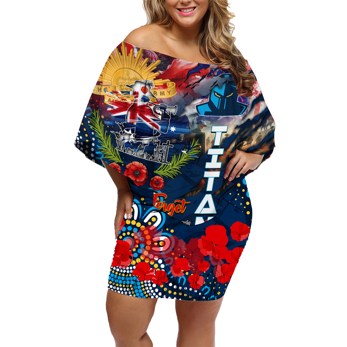 Personalised Australia Rugby Titans ANZAC Family Matching Off Shoulder Short Dress and Hawaiian Shirt Gold Coast Scratch Style