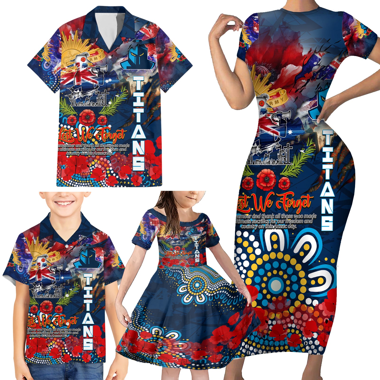 Personalised Australia Rugby Titans ANZAC Family Matching Short Sleeve Bodycon Dress and Hawaiian Shirt Gold Coast Scratch Style