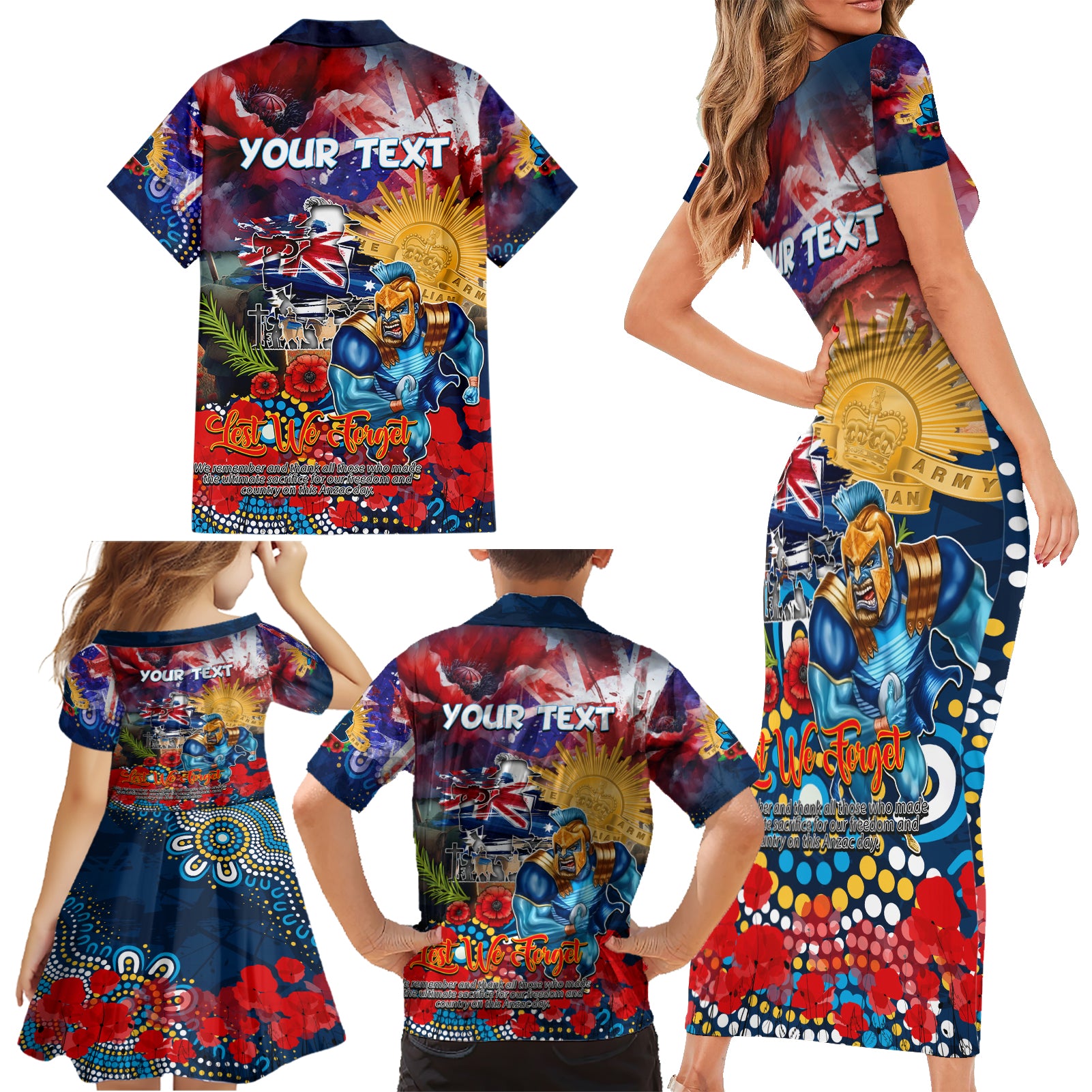 Personalised Australia Rugby Titans ANZAC Family Matching Short Sleeve Bodycon Dress and Hawaiian Shirt Gold Coast Scratch Style