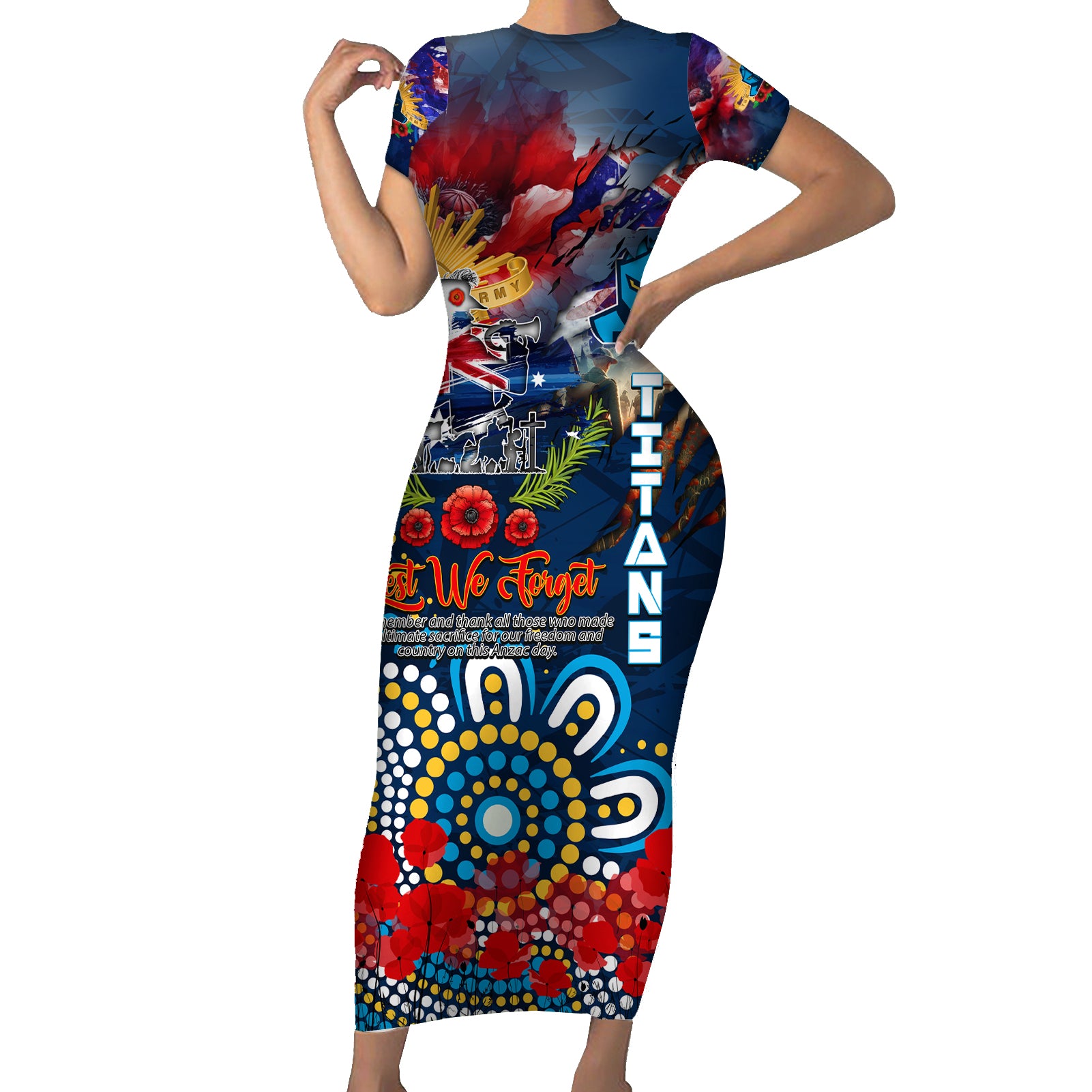 Personalised Australia Rugby Titans ANZAC Family Matching Short Sleeve Bodycon Dress and Hawaiian Shirt Gold Coast Scratch Style