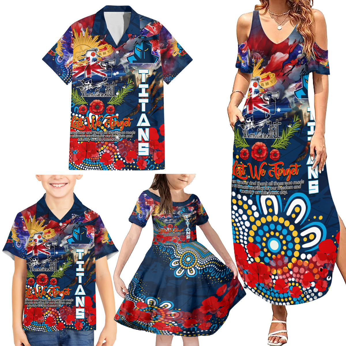 Personalised Australia Rugby Titans ANZAC Family Matching Summer Maxi Dress and Hawaiian Shirt Gold Coast Scratch Style