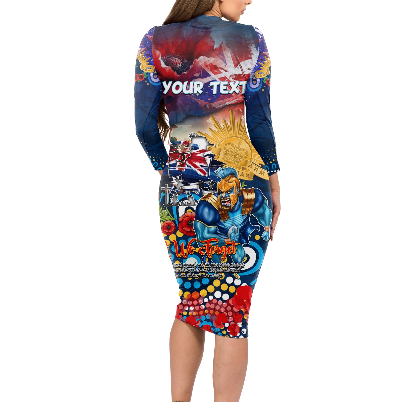 Personalised Australia Rugby Titans ANZAC Long Sleeve Bodycon Dress Gold Coast Scratch Style