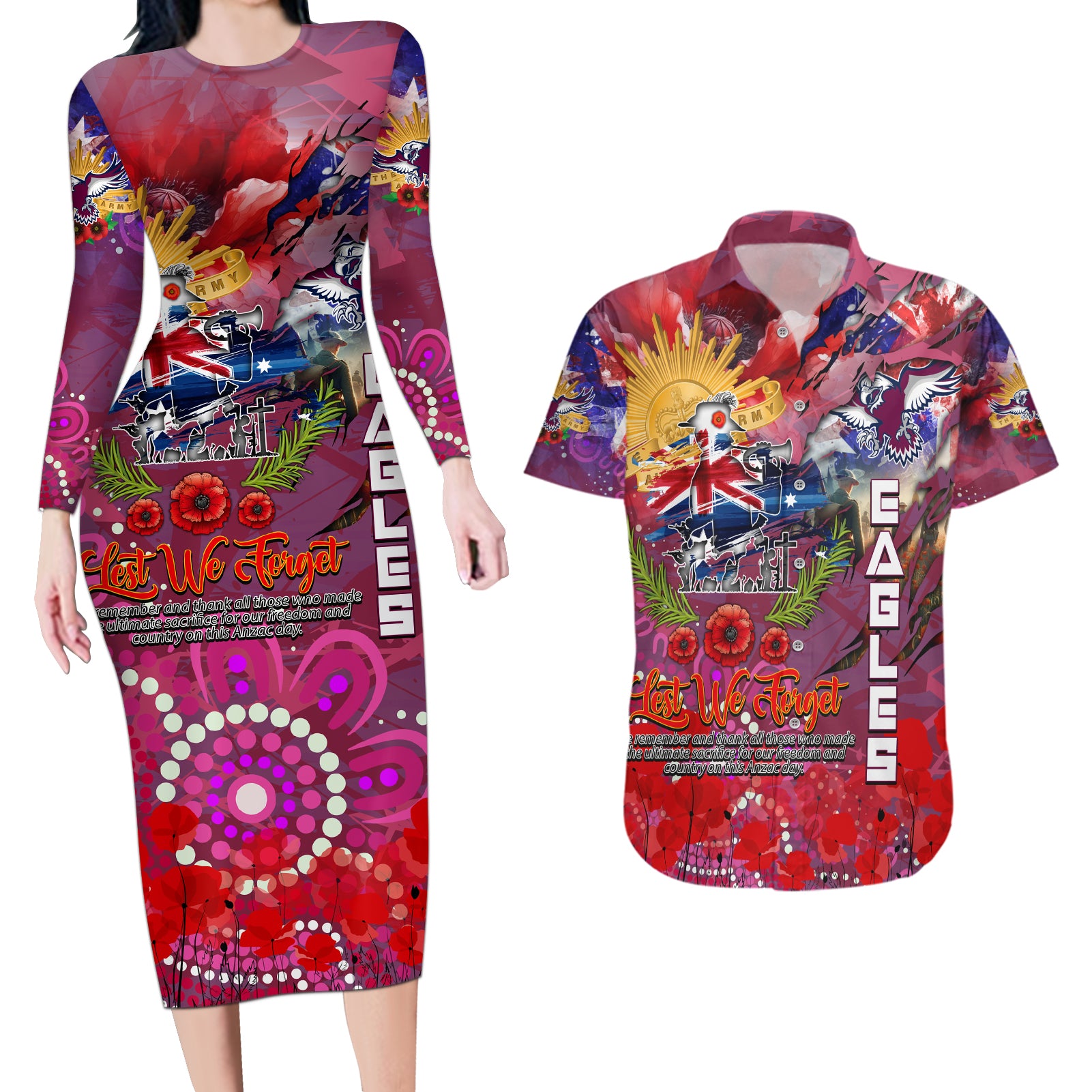 Personalised Australia Rugby Sea Eagles ANZAC Couples Matching Long Sleeve Bodycon Dress and Hawaiian Shirt Manly-Warringah Scratch Style