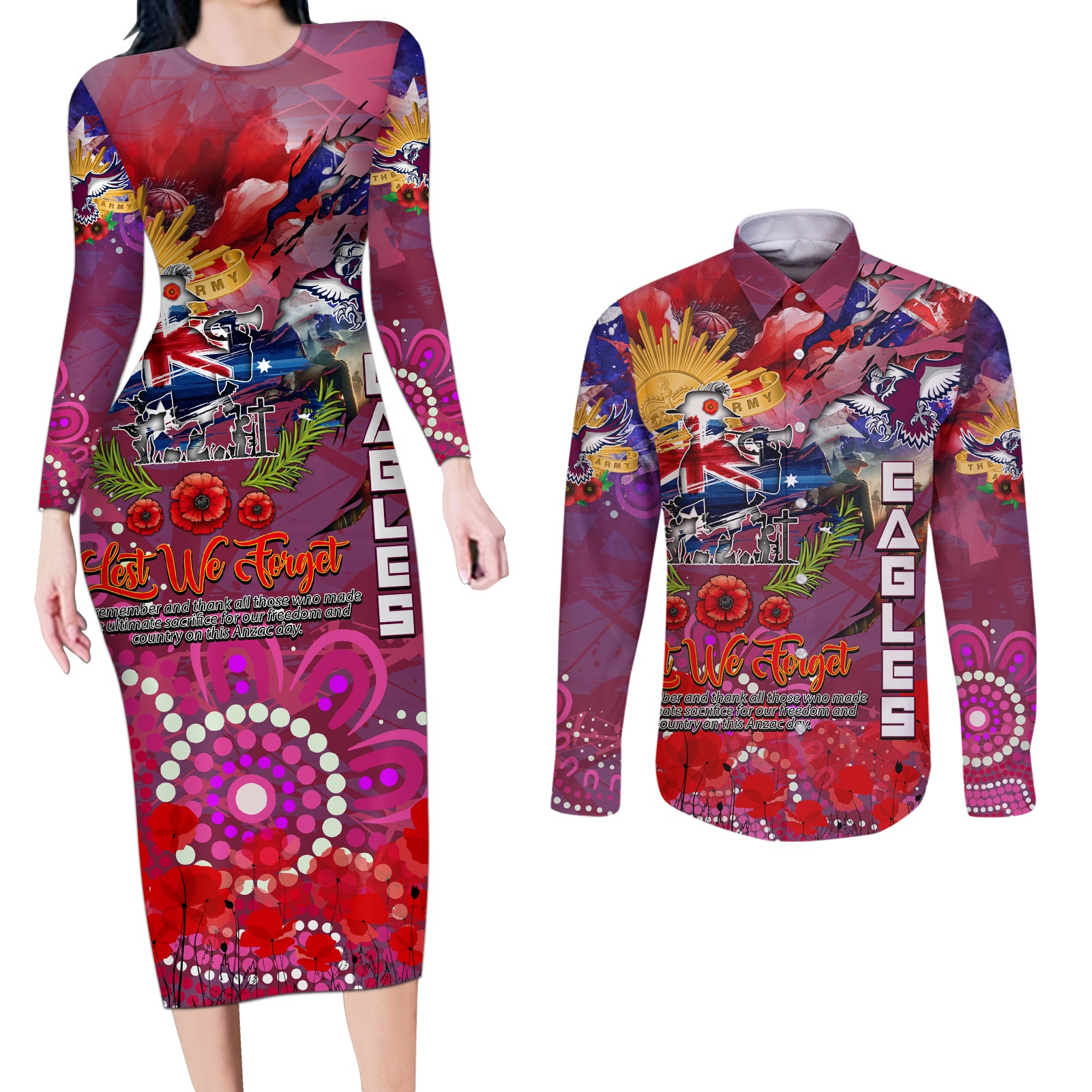 Personalised Australia Rugby Sea Eagles ANZAC Couples Matching Long Sleeve Bodycon Dress and Long Sleeve Button Shirt Manly-Warringah Scratch Style