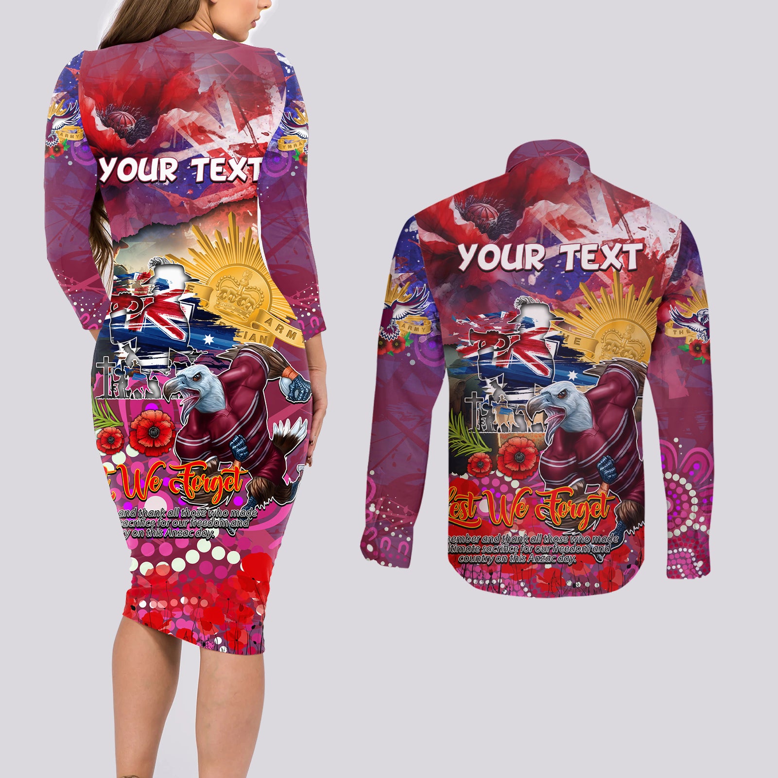 Personalised Australia Rugby Sea Eagles ANZAC Couples Matching Long Sleeve Bodycon Dress and Long Sleeve Button Shirt Manly-Warringah Scratch Style