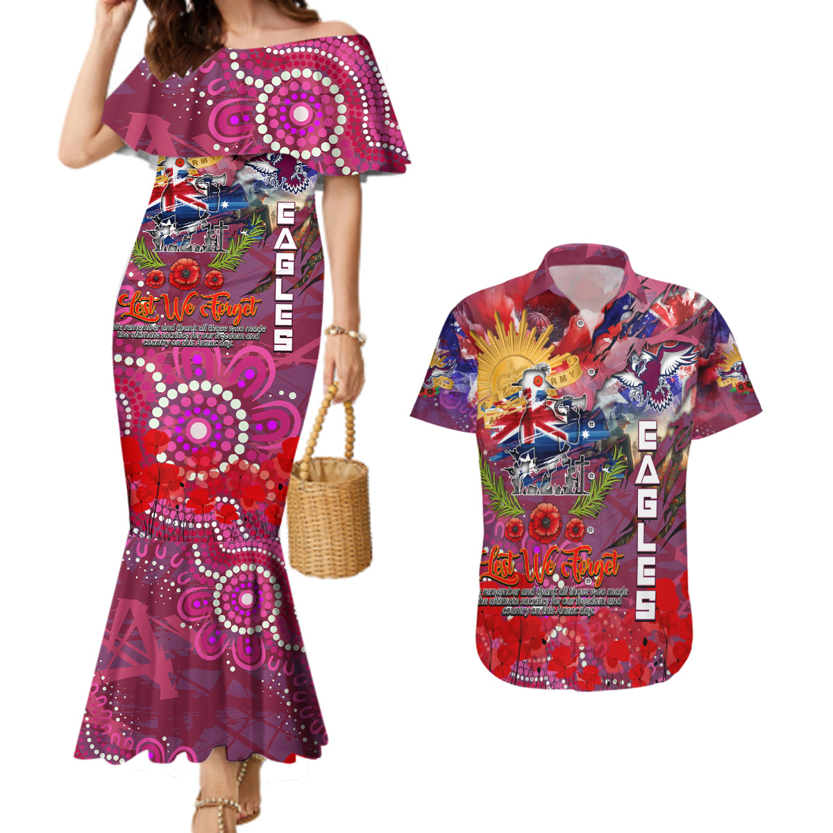 Personalised Australia Rugby Sea Eagles ANZAC Couples Matching Mermaid Dress and Hawaiian Shirt Manly-Warringah Scratch Style