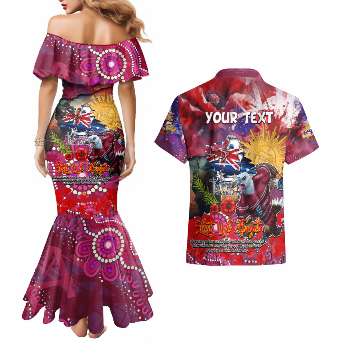 Personalised Australia Rugby Sea Eagles ANZAC Couples Matching Mermaid Dress and Hawaiian Shirt Manly-Warringah Scratch Style