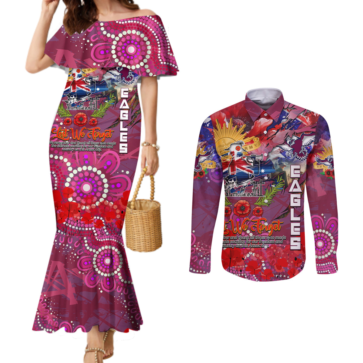 Personalised Australia Rugby Sea Eagles ANZAC Couples Matching Mermaid Dress and Long Sleeve Button Shirt Manly-Warringah Scratch Style