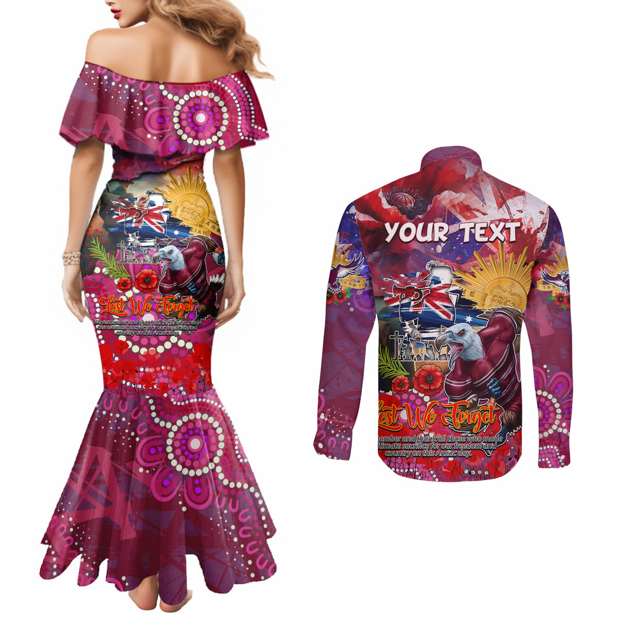 Personalised Australia Rugby Sea Eagles ANZAC Couples Matching Mermaid Dress and Long Sleeve Button Shirt Manly-Warringah Scratch Style