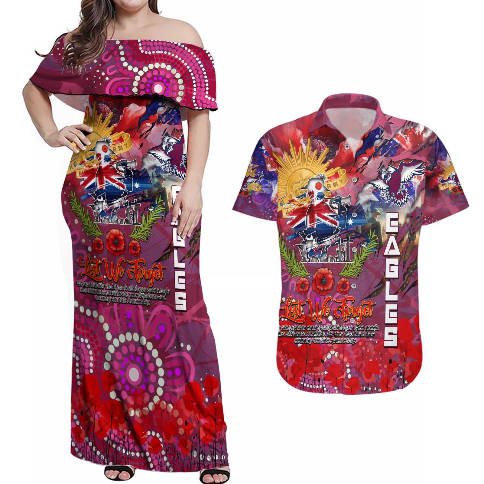 Personalised Australia Rugby Sea Eagles ANZAC Couples Matching Off Shoulder Maxi Dress and Hawaiian Shirt Manly-Warringah Scratch Style
