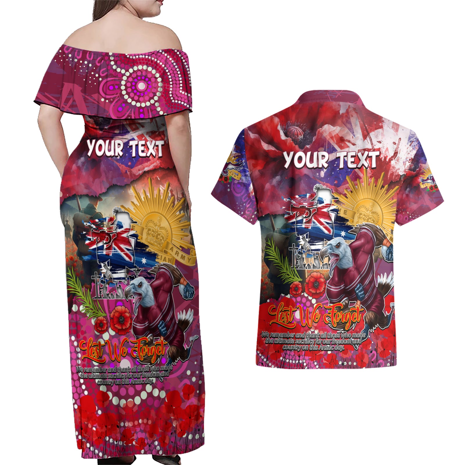 Personalised Australia Rugby Sea Eagles ANZAC Couples Matching Off Shoulder Maxi Dress and Hawaiian Shirt Manly-Warringah Scratch Style