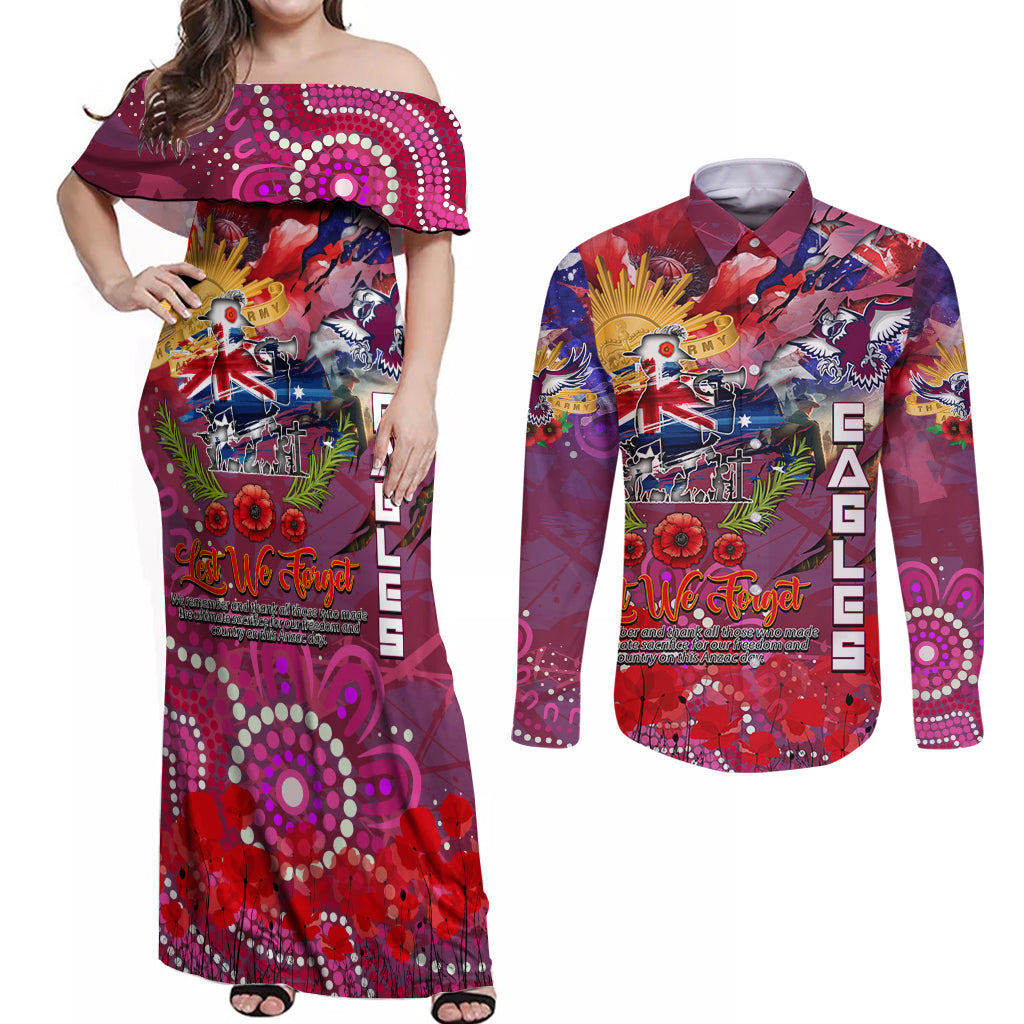 Personalised Australia Rugby Sea Eagles ANZAC Couples Matching Off Shoulder Maxi Dress and Long Sleeve Button Shirt Manly-Warringah Scratch Style