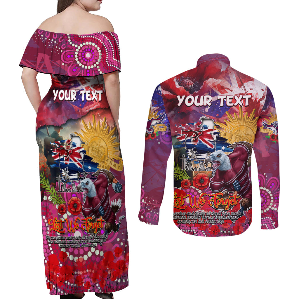 Personalised Australia Rugby Sea Eagles ANZAC Couples Matching Off Shoulder Maxi Dress and Long Sleeve Button Shirt Manly-Warringah Scratch Style