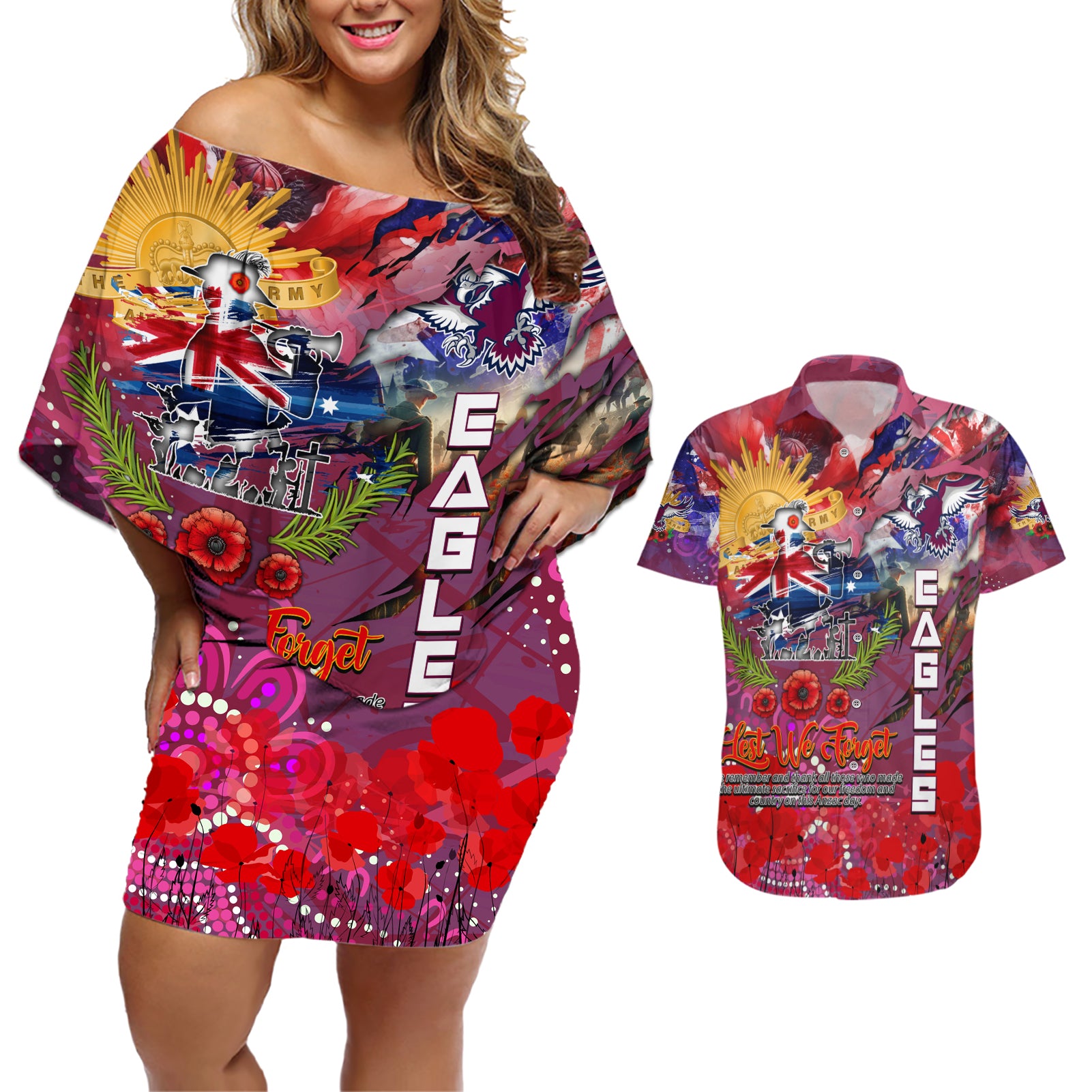 Personalised Australia Rugby Sea Eagles ANZAC Couples Matching Off Shoulder Short Dress and Hawaiian Shirt Manly-Warringah Scratch Style