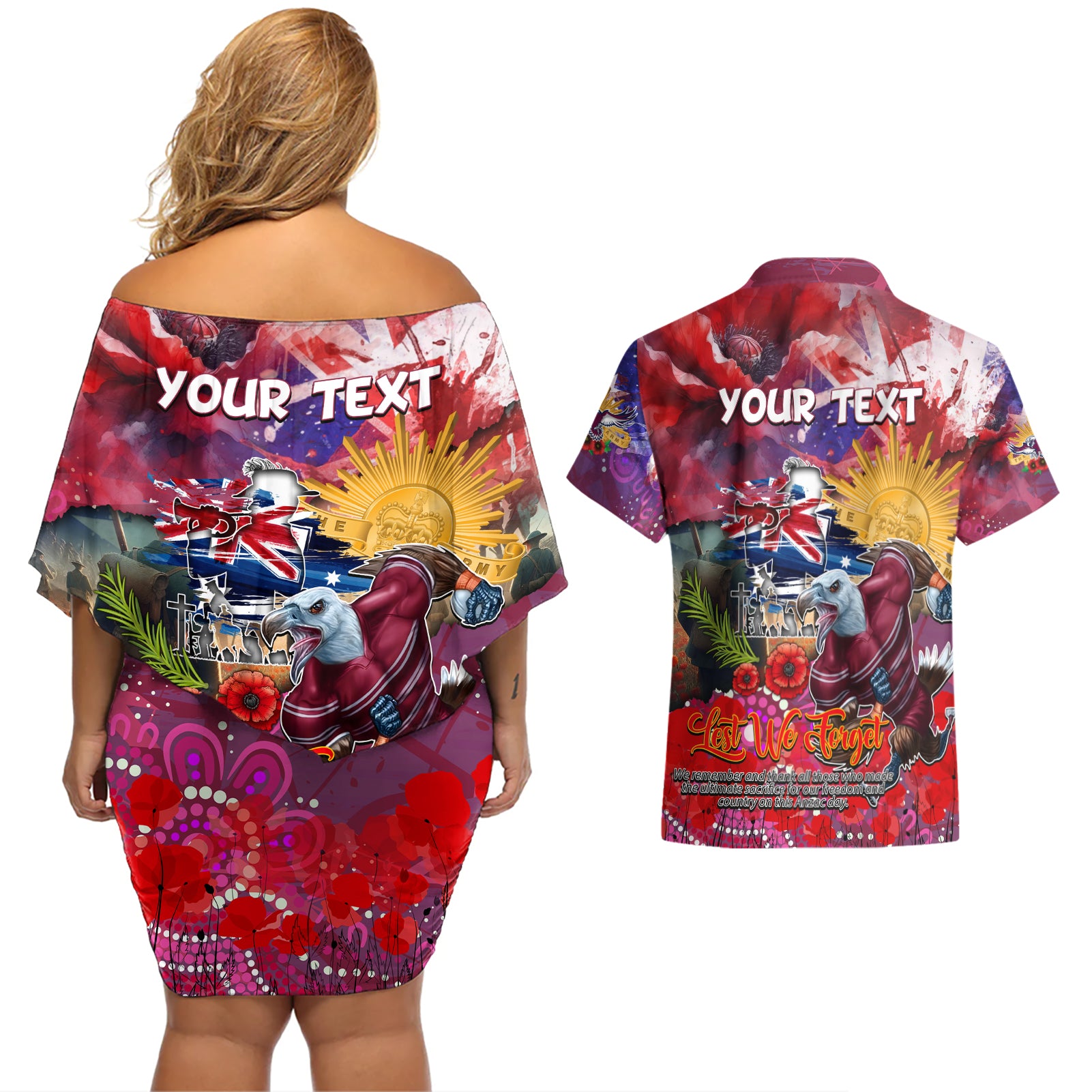 Personalised Australia Rugby Sea Eagles ANZAC Couples Matching Off Shoulder Short Dress and Hawaiian Shirt Manly-Warringah Scratch Style
