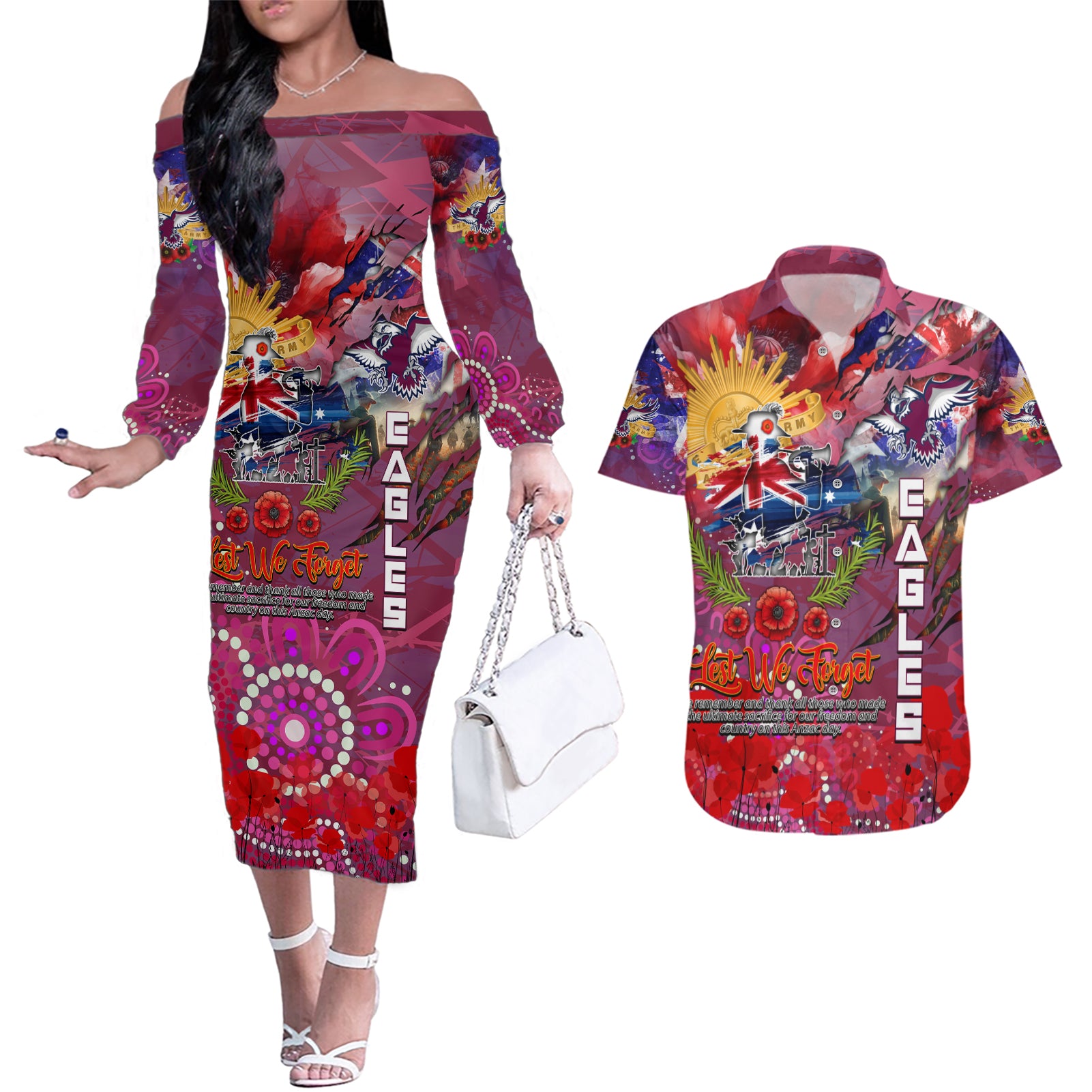 Personalised Australia Rugby Sea Eagles ANZAC Couples Matching Off The Shoulder Long Sleeve Dress and Hawaiian Shirt Manly-Warringah Scratch Style