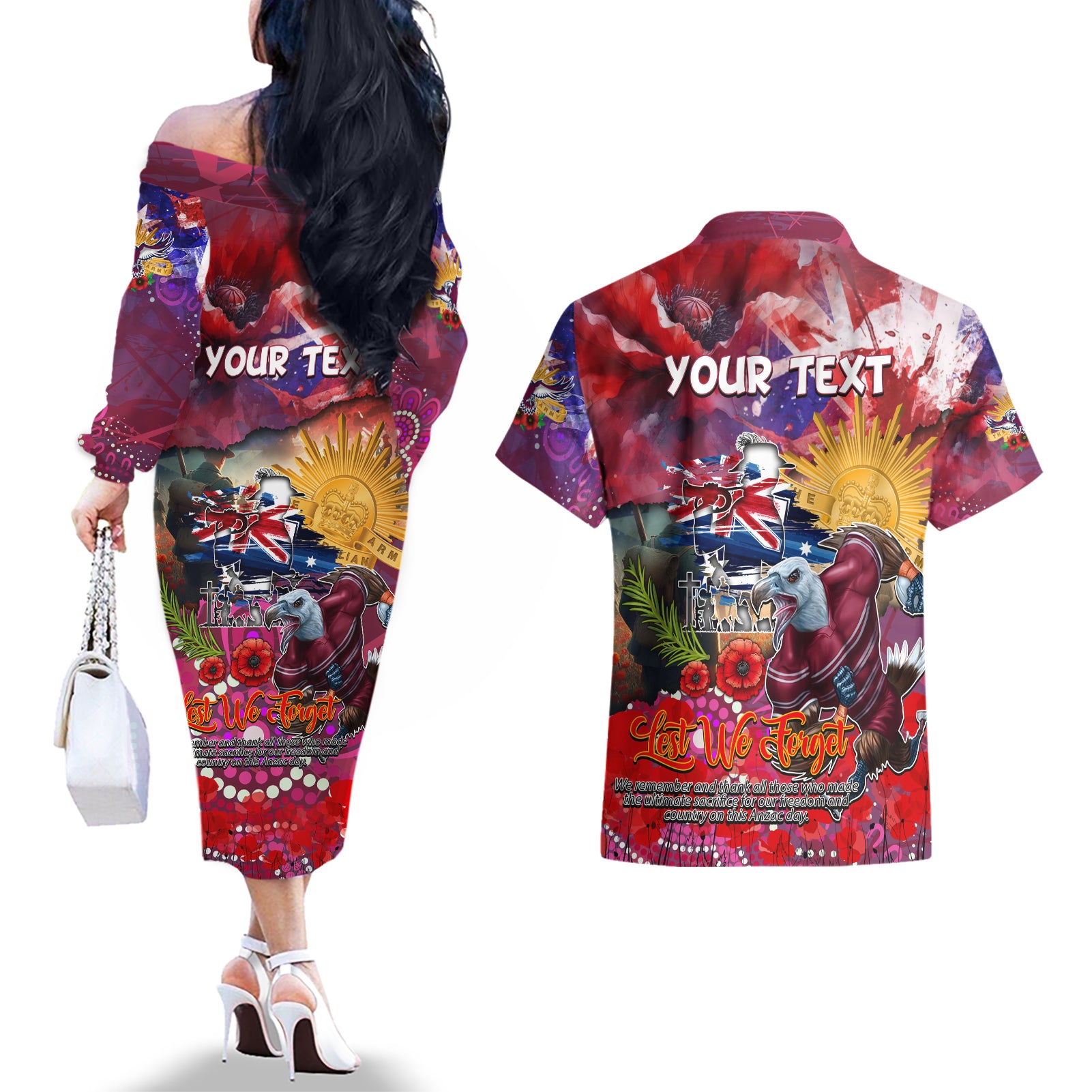 Personalised Australia Rugby Sea Eagles ANZAC Couples Matching Off The Shoulder Long Sleeve Dress and Hawaiian Shirt Manly-Warringah Scratch Style