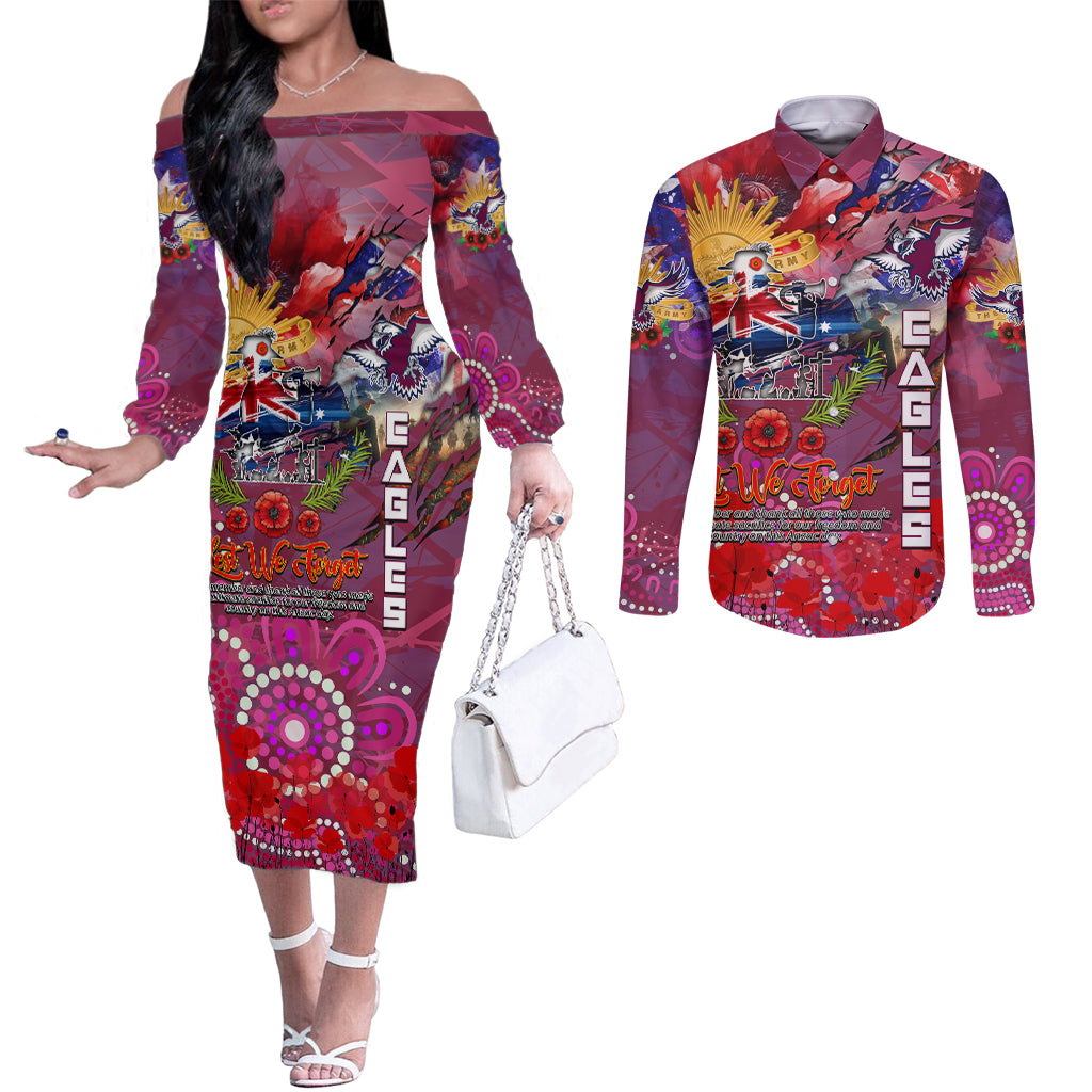 Personalised Australia Rugby Sea Eagles ANZAC Couples Matching Off The Shoulder Long Sleeve Dress and Long Sleeve Button Shirt Manly-Warringah Scratch Style