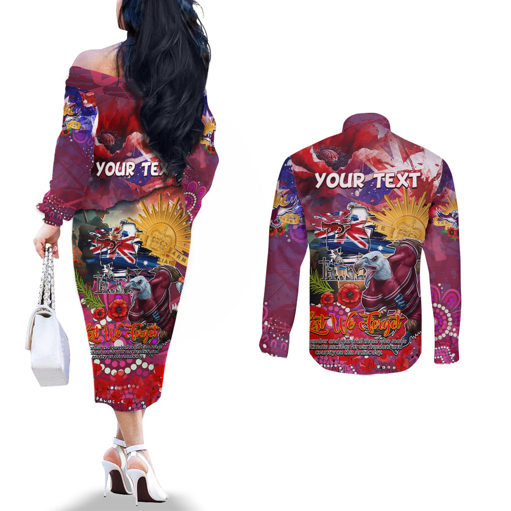 Personalised Australia Rugby Sea Eagles ANZAC Couples Matching Off The Shoulder Long Sleeve Dress and Long Sleeve Button Shirt Manly-Warringah Scratch Style