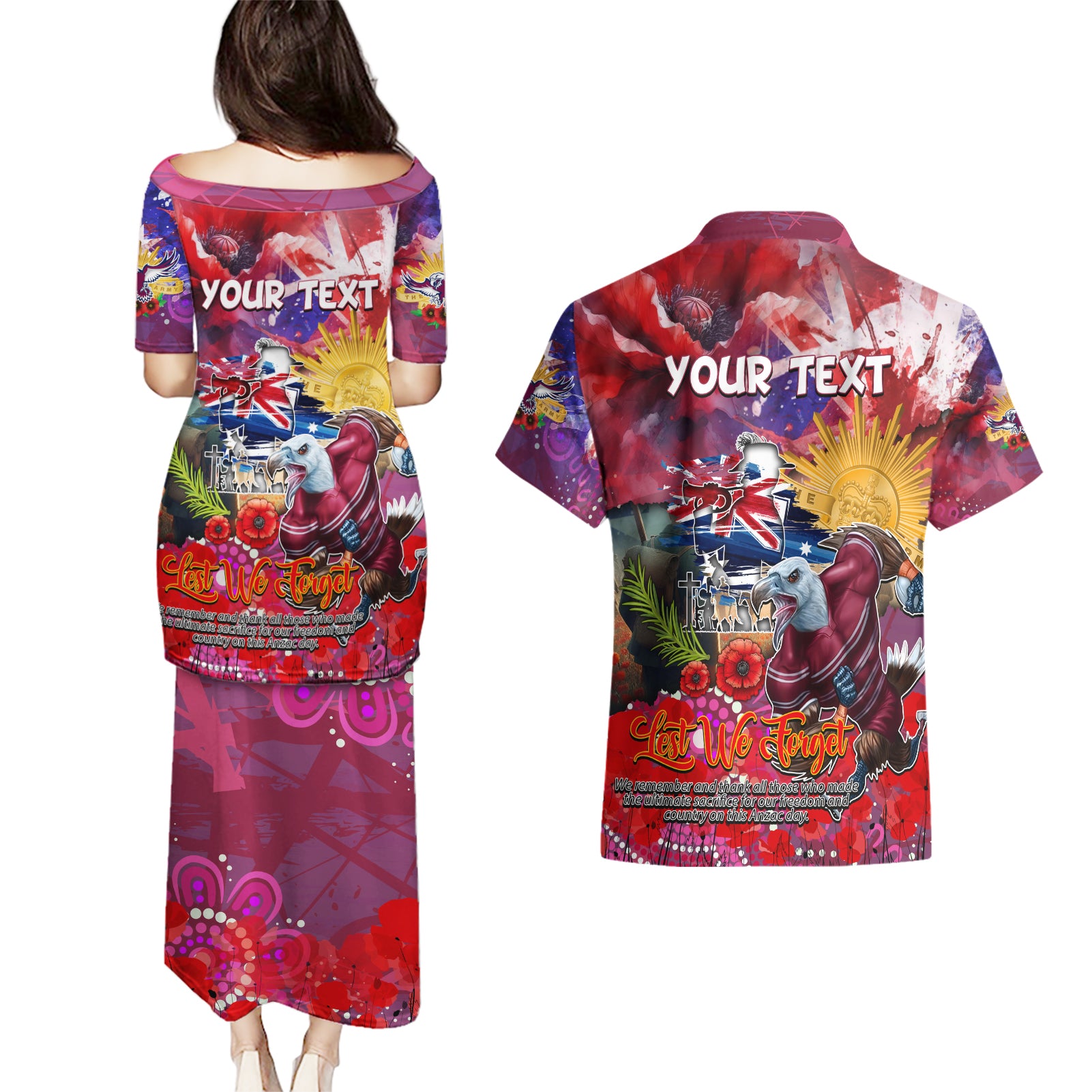 Personalised Australia Rugby Sea Eagles ANZAC Couples Matching Puletasi and Hawaiian Shirt Manly-Warringah Scratch Style