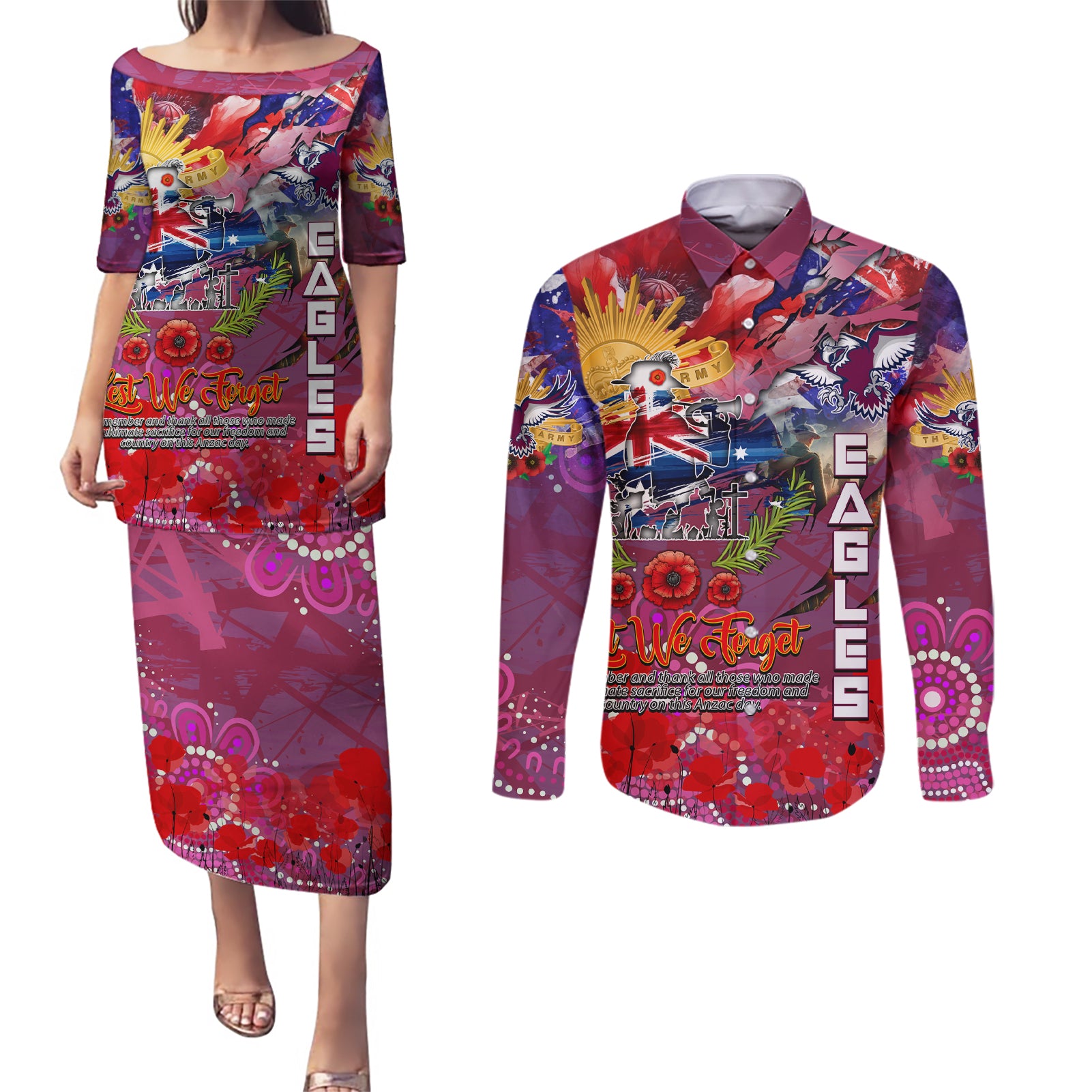 Personalised Australia Rugby Sea Eagles ANZAC Couples Matching Puletasi and Long Sleeve Button Shirt Manly-Warringah Scratch Style