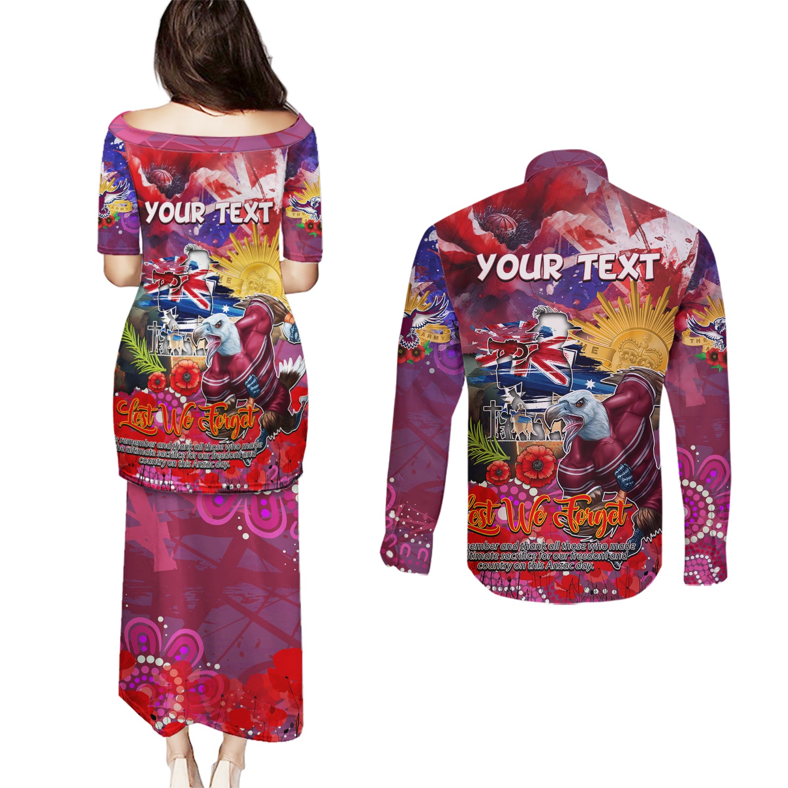 Personalised Australia Rugby Sea Eagles ANZAC Couples Matching Puletasi and Long Sleeve Button Shirt Manly-Warringah Scratch Style