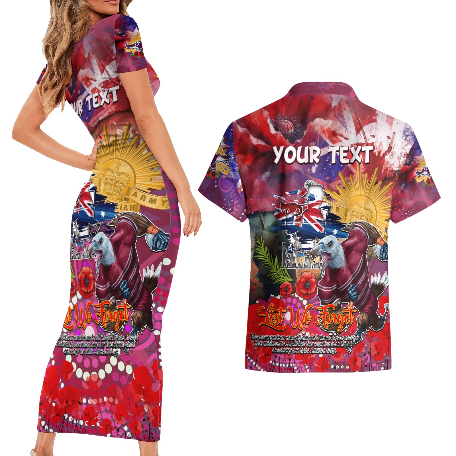 Personalised Australia Rugby Sea Eagles ANZAC Couples Matching Short Sleeve Bodycon Dress and Hawaiian Shirt Manly-Warringah Scratch Style