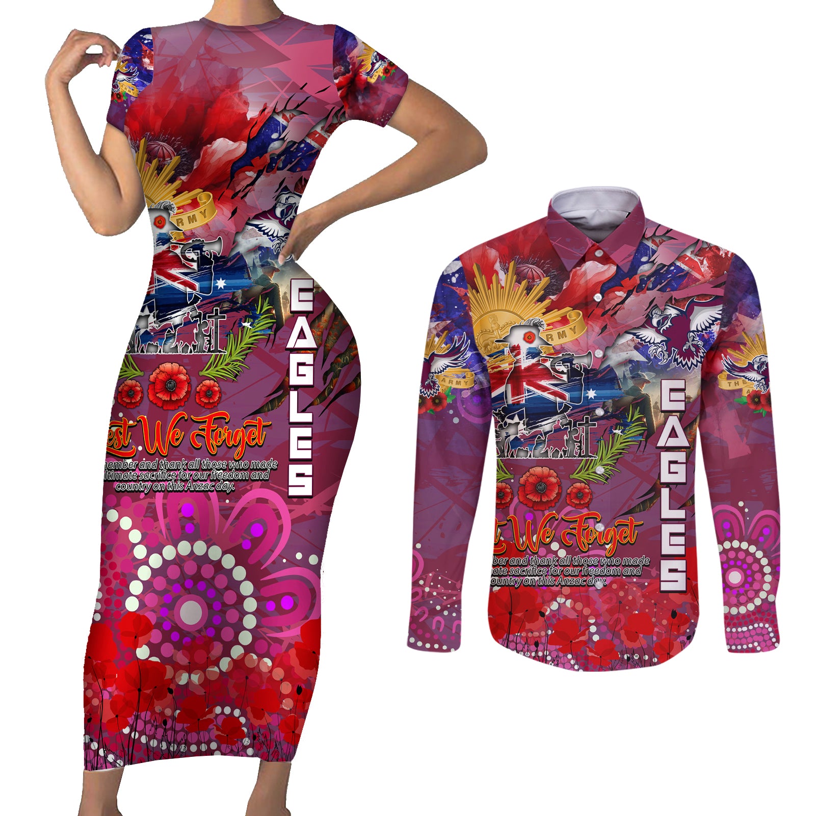 Personalised Australia Rugby Sea Eagles ANZAC Couples Matching Short Sleeve Bodycon Dress and Long Sleeve Button Shirt Manly-Warringah Scratch Style
