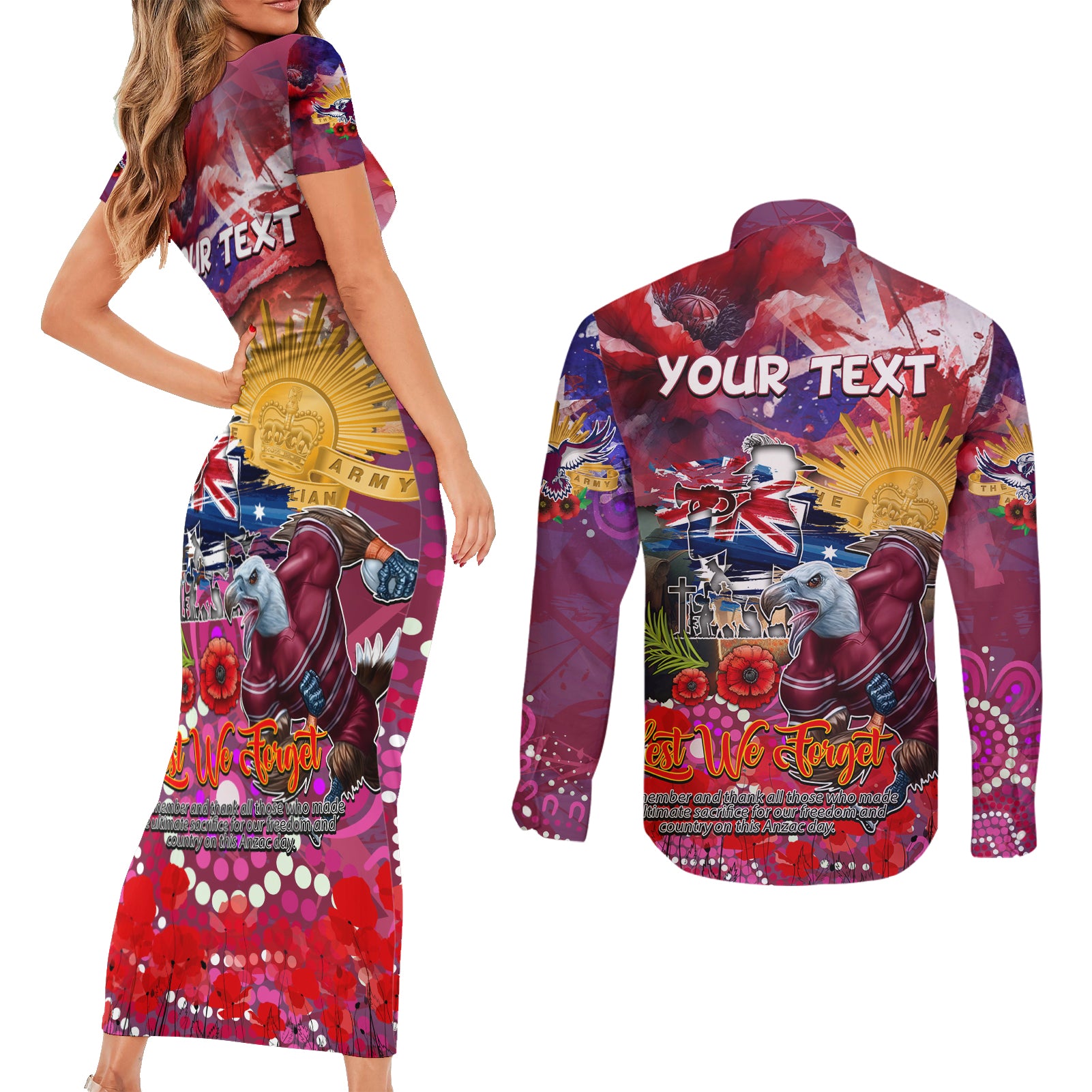Personalised Australia Rugby Sea Eagles ANZAC Couples Matching Short Sleeve Bodycon Dress and Long Sleeve Button Shirt Manly-Warringah Scratch Style