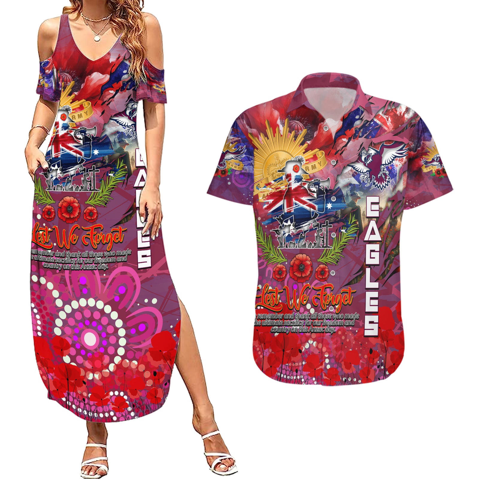 Personalised Australia Rugby Sea Eagles ANZAC Couples Matching Summer Maxi Dress and Hawaiian Shirt Manly-Warringah Scratch Style