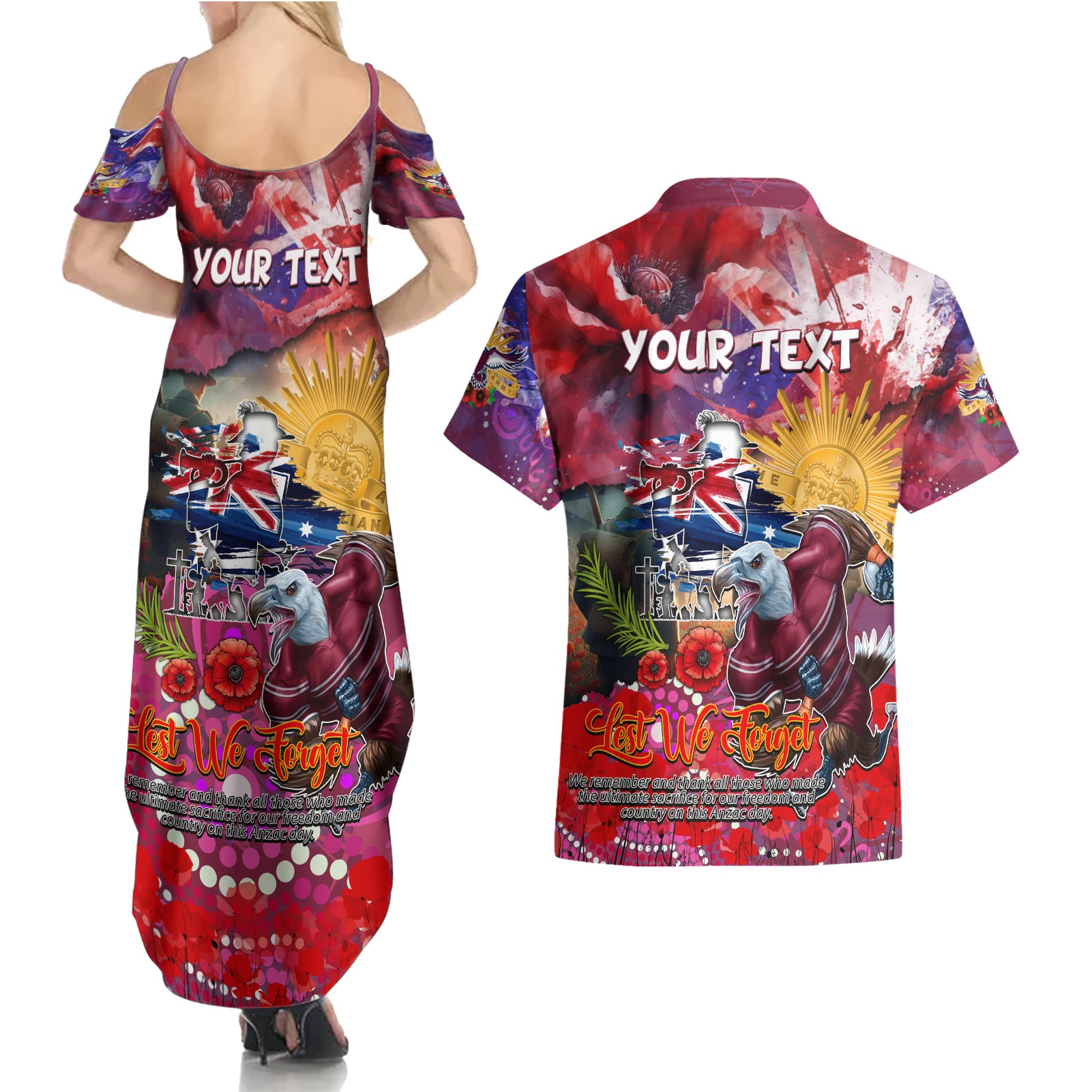 Personalised Australia Rugby Sea Eagles ANZAC Couples Matching Summer Maxi Dress and Hawaiian Shirt Manly-Warringah Scratch Style