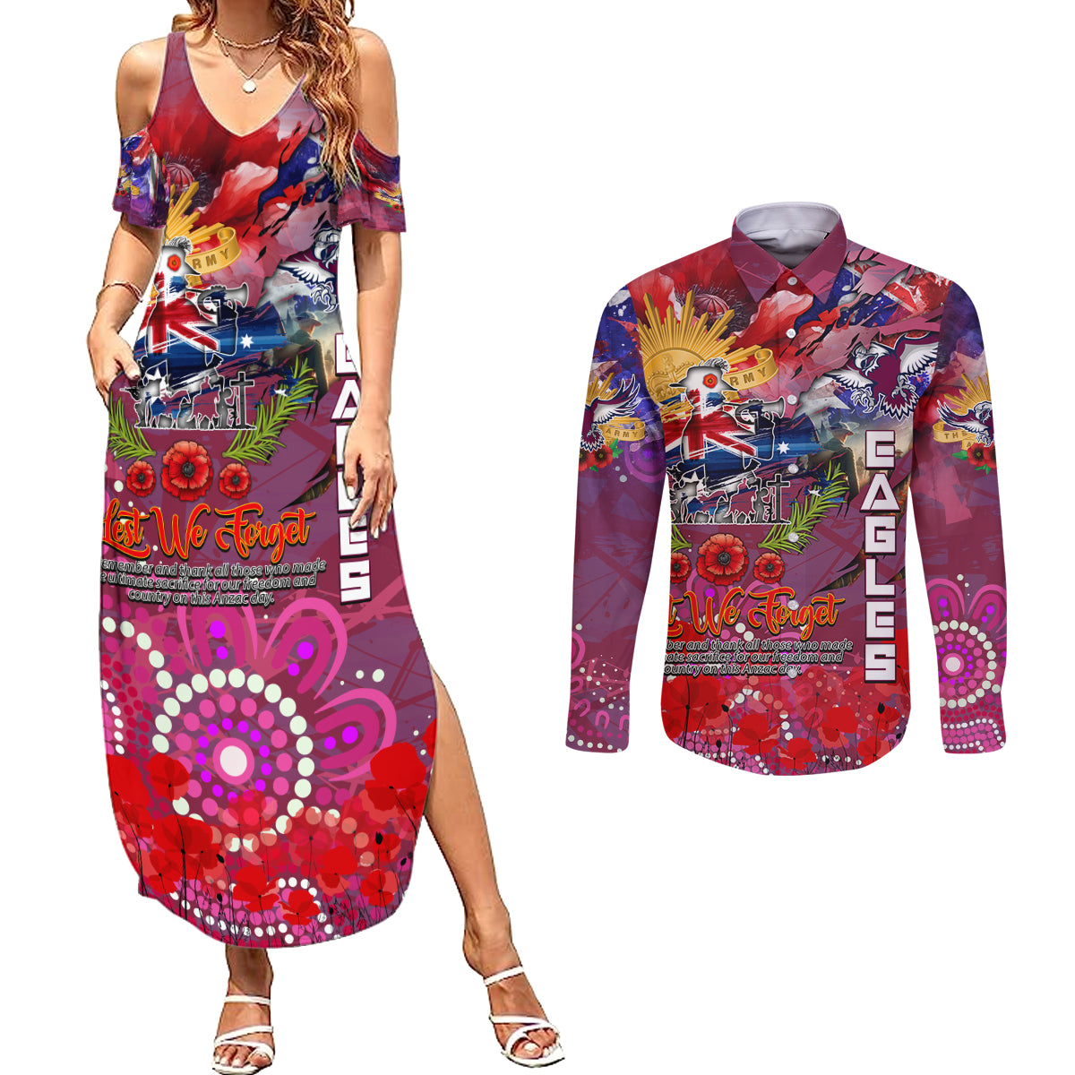 Personalised Australia Rugby Sea Eagles ANZAC Couples Matching Summer Maxi Dress and Long Sleeve Button Shirt Manly-Warringah Scratch Style