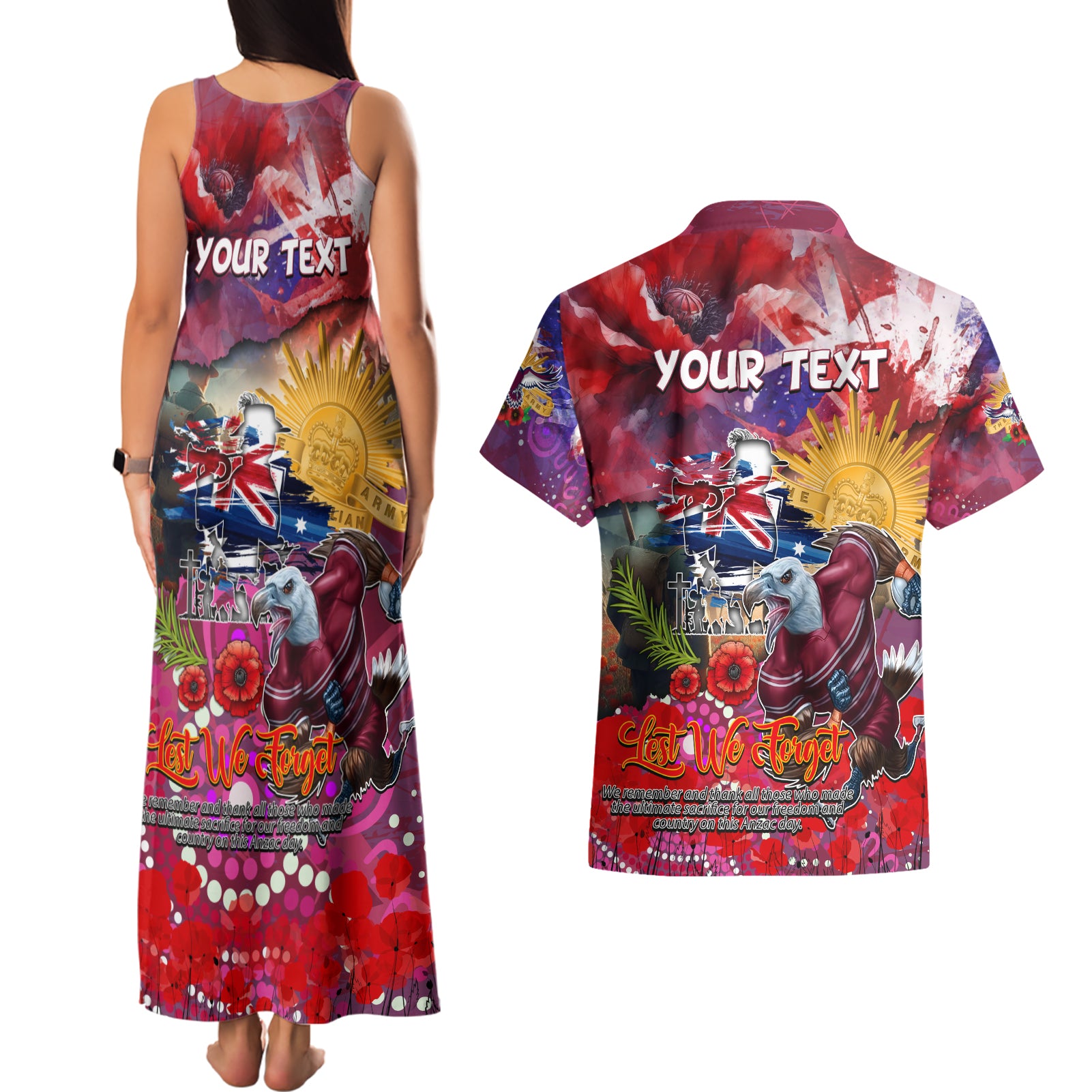 Personalised Australia Rugby Sea Eagles ANZAC Couples Matching Tank Maxi Dress and Hawaiian Shirt Manly-Warringah Scratch Style