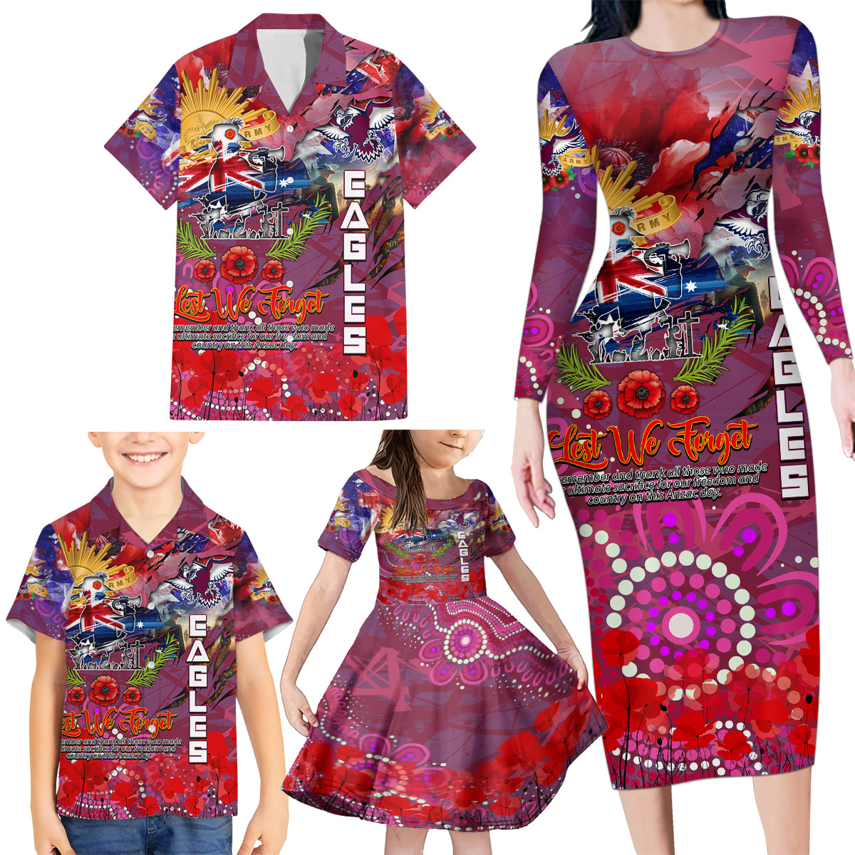 Personalised Australia Rugby Sea Eagles ANZAC Family Matching Long Sleeve Bodycon Dress and Hawaiian Shirt Manly-Warringah Scratch Style