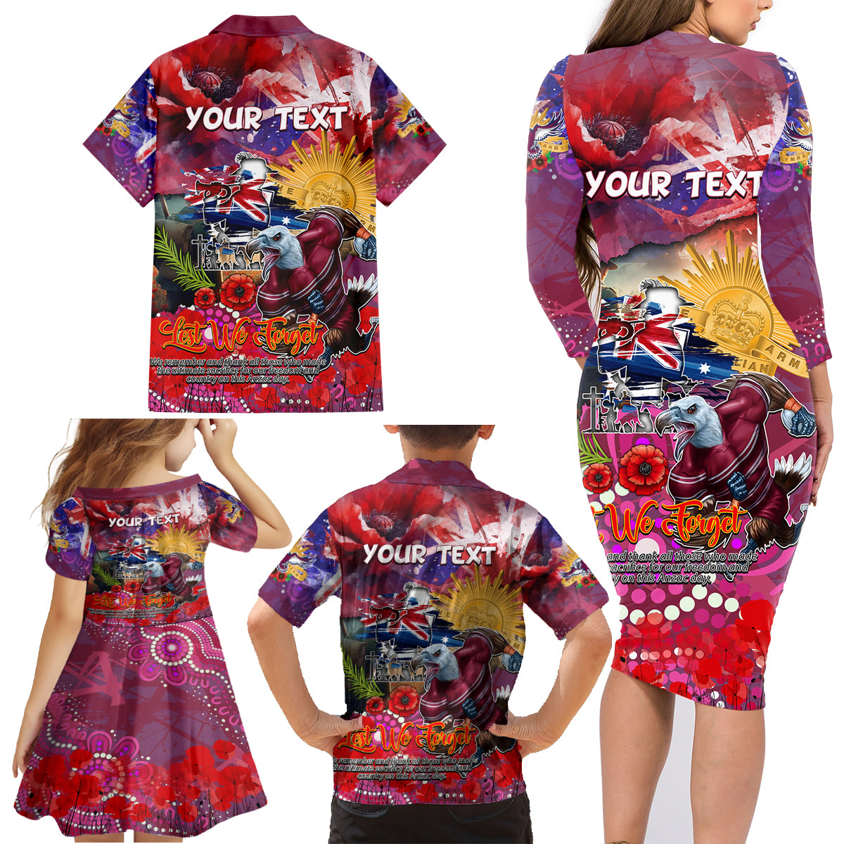 Personalised Australia Rugby Sea Eagles ANZAC Family Matching Long Sleeve Bodycon Dress and Hawaiian Shirt Manly-Warringah Scratch Style