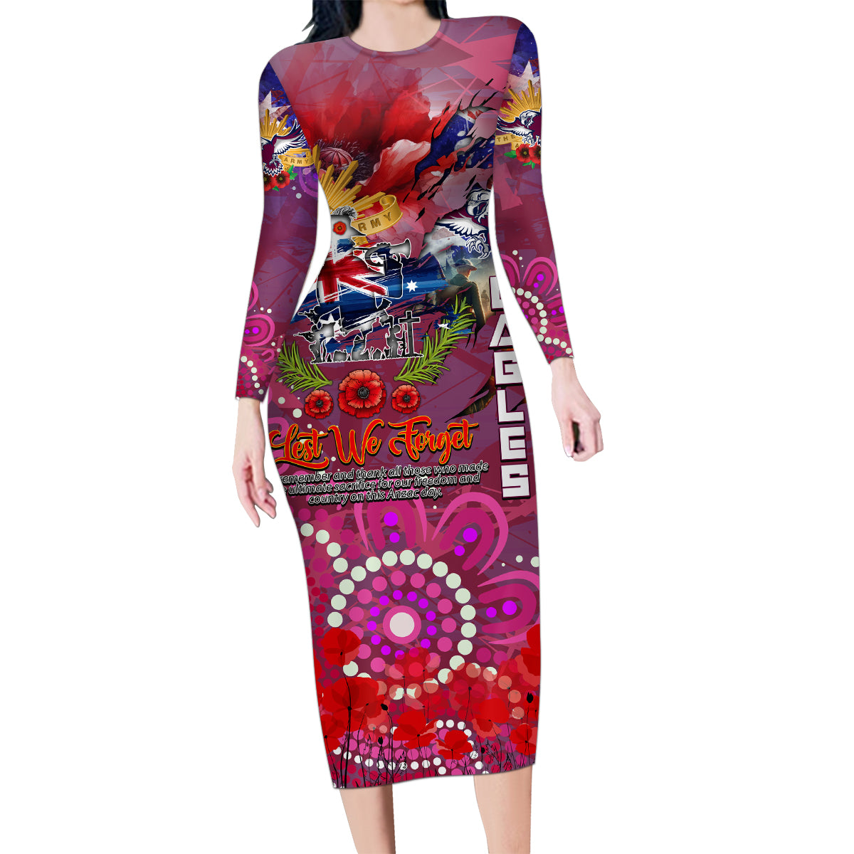 Personalised Australia Rugby Sea Eagles ANZAC Family Matching Long Sleeve Bodycon Dress and Hawaiian Shirt Manly-Warringah Scratch Style