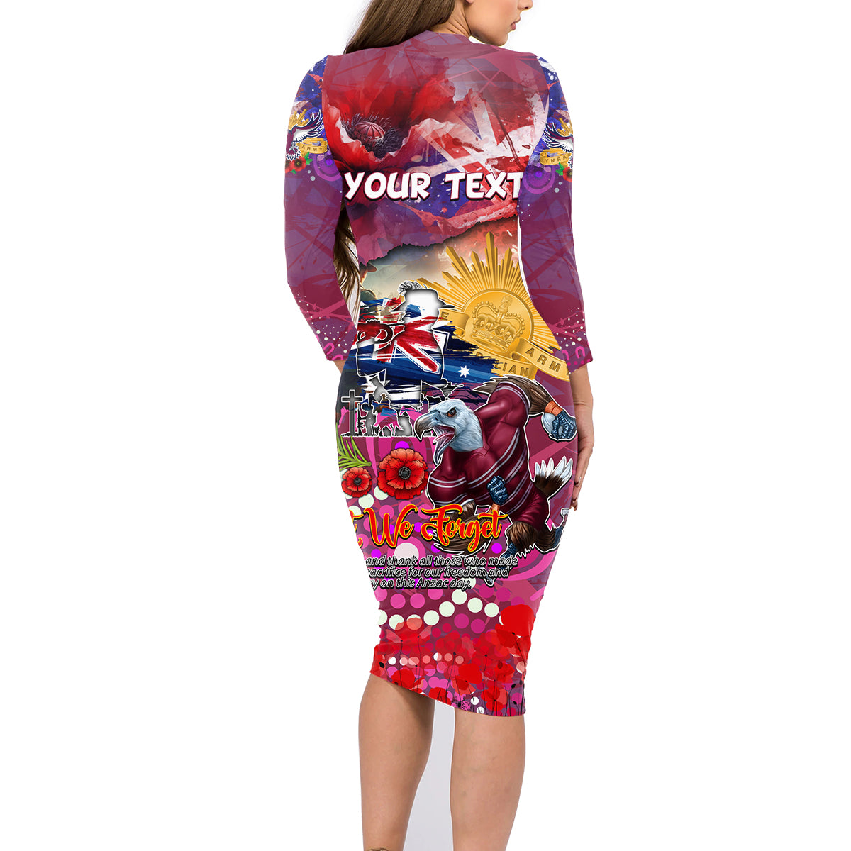 Personalised Australia Rugby Sea Eagles ANZAC Family Matching Long Sleeve Bodycon Dress and Hawaiian Shirt Manly-Warringah Scratch Style