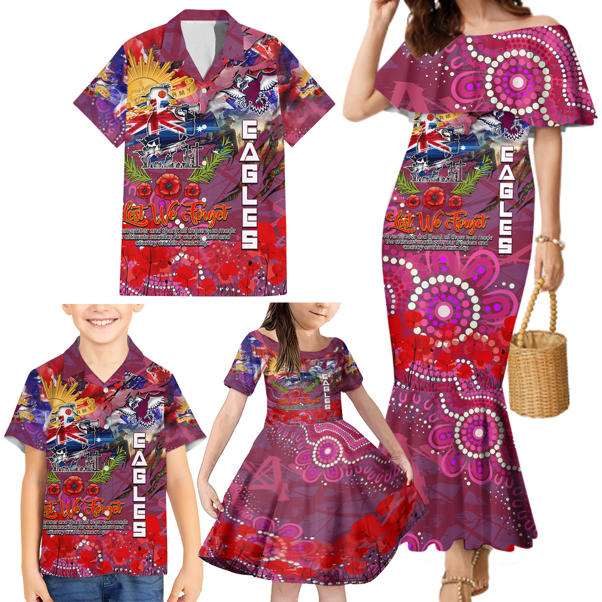Personalised Australia Rugby Sea Eagles ANZAC Family Matching Mermaid Dress and Hawaiian Shirt Manly-Warringah Scratch Style